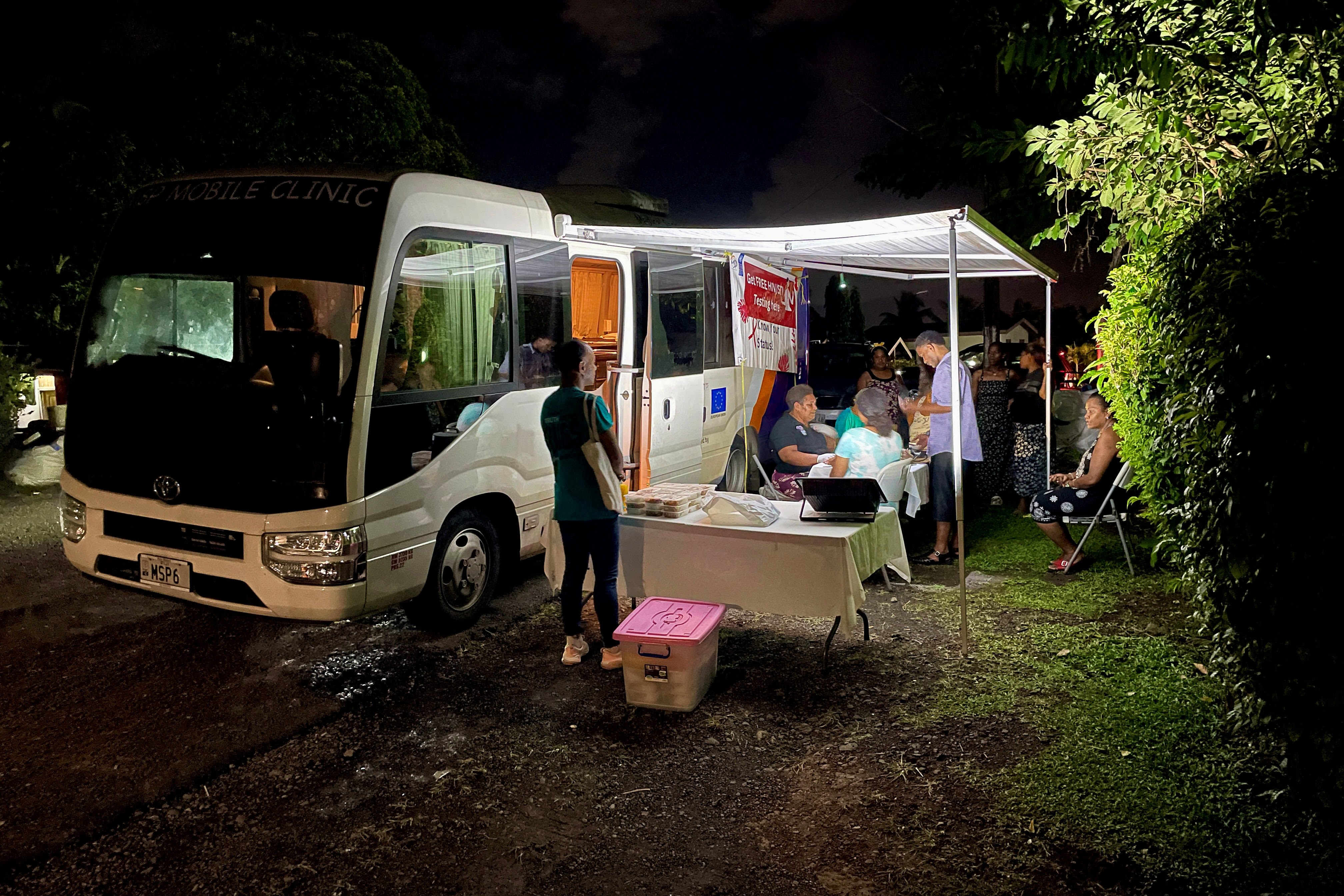 A Medical Services Pacific Moonlight programme team offering free HIV testing during an outreach visit to a suburb of Suva, Fiji, on March 19, 2026.
