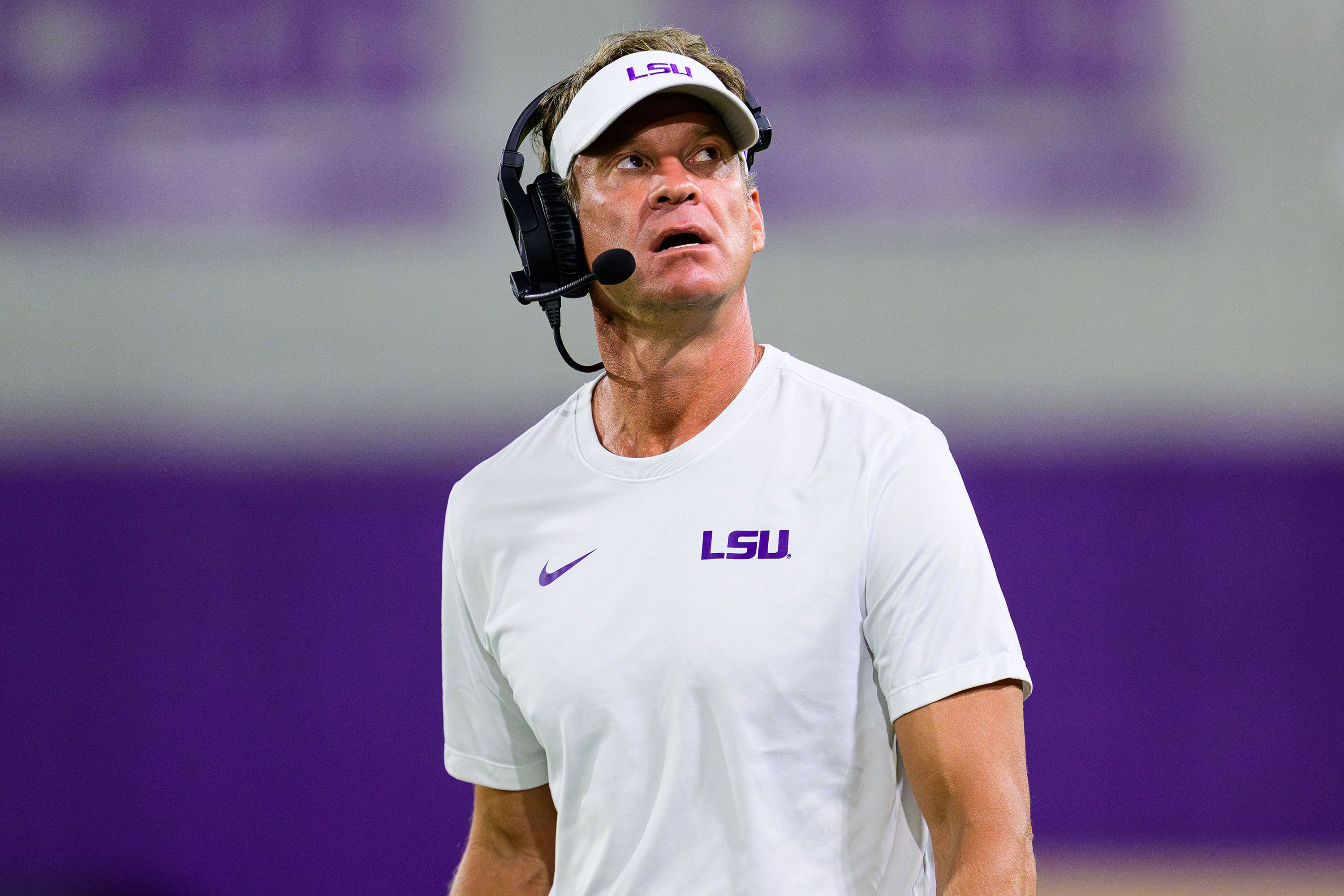 BATON ROUGE, LOUISIANA - APRIL 4: Head coach Lane Kiffin of the LSU Tigers standing during spring practice at the LSU Football Operations Center on April 4, 2026 in Baton Rouge, Louisiana. (Photo by Ella Hall/University Images via Getty Images}