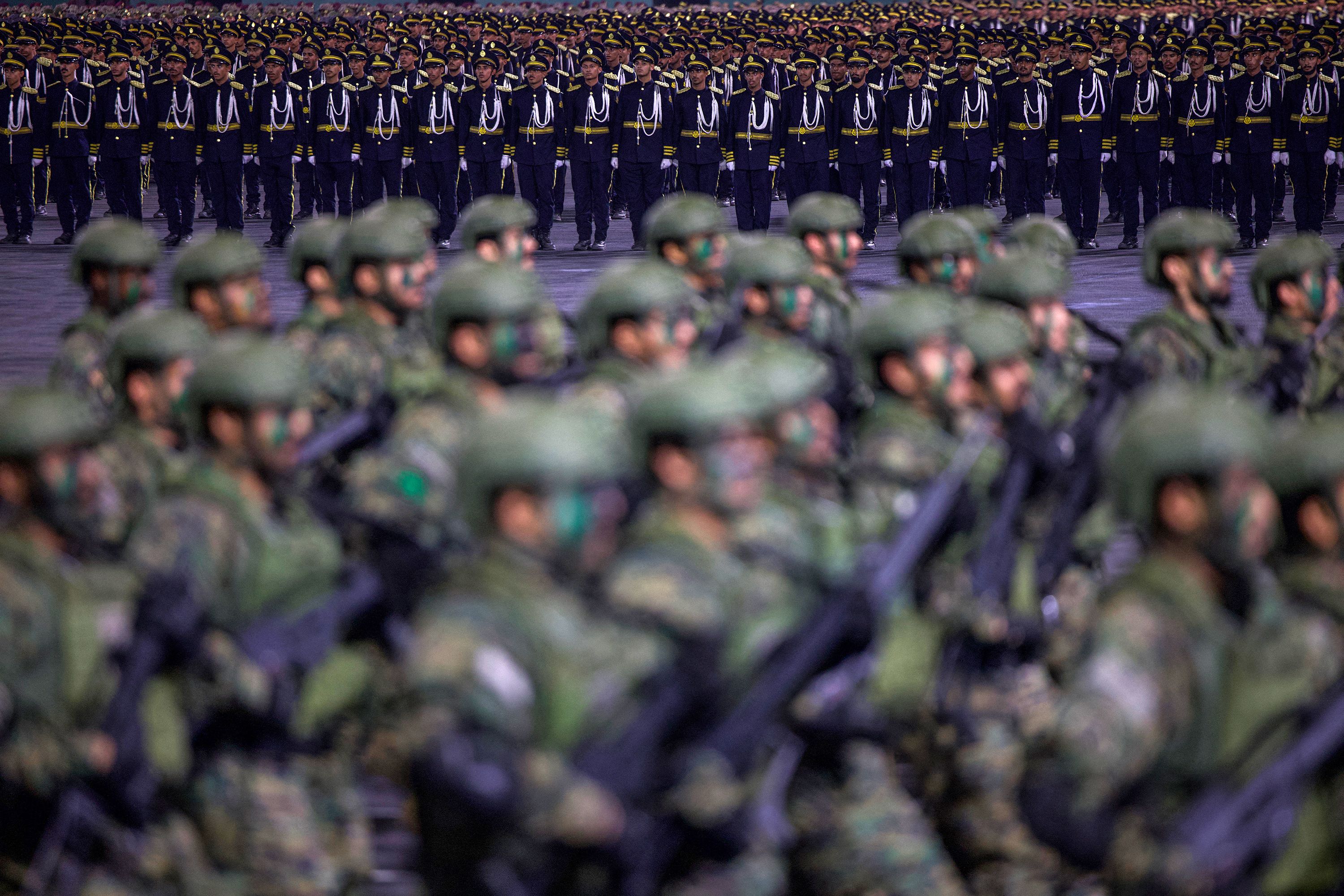 Members of the Saudi security forces take part in a military parade in Mecca on May 21, 2026.