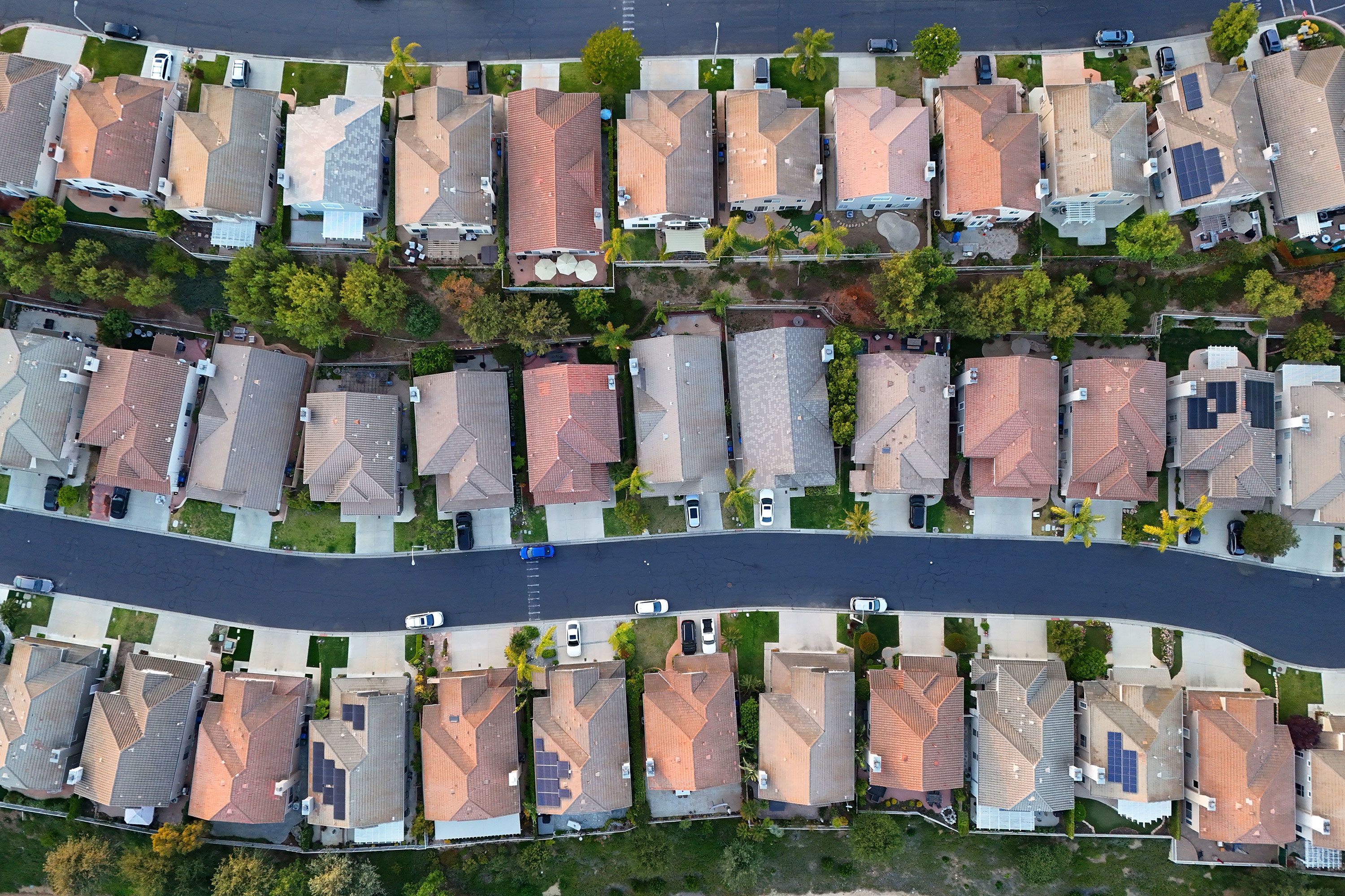 In an aerial view, family homes line the streets of a neighborhood on May 23, in Thousand Oaks, California.