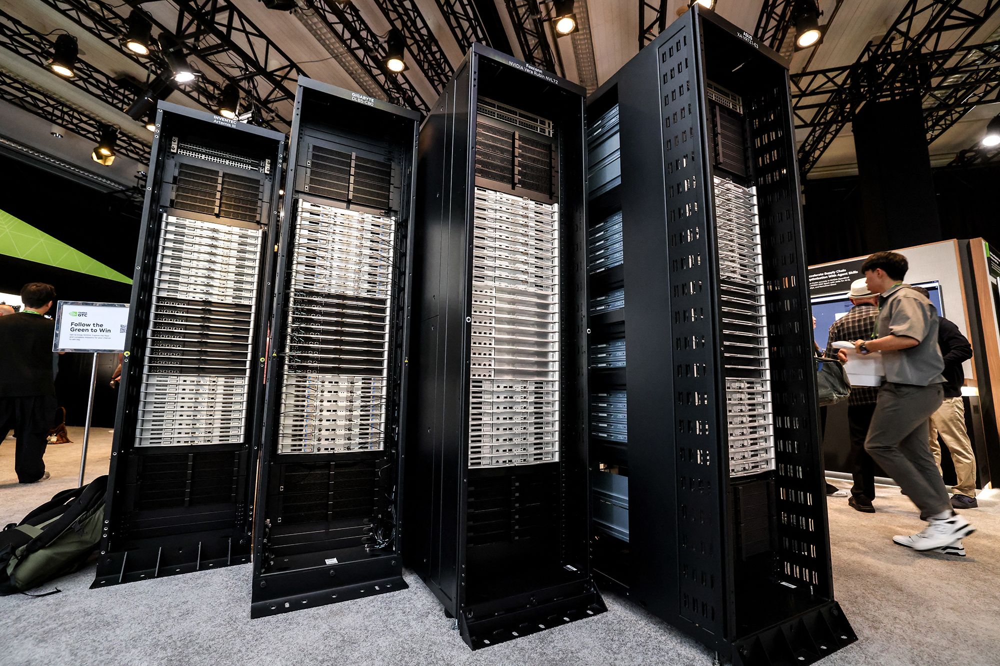 Nvidia's AI server racks at a trade show in Taipei on June 3, 2026. The company's revenue in the most recent quarter doubled from the year before.