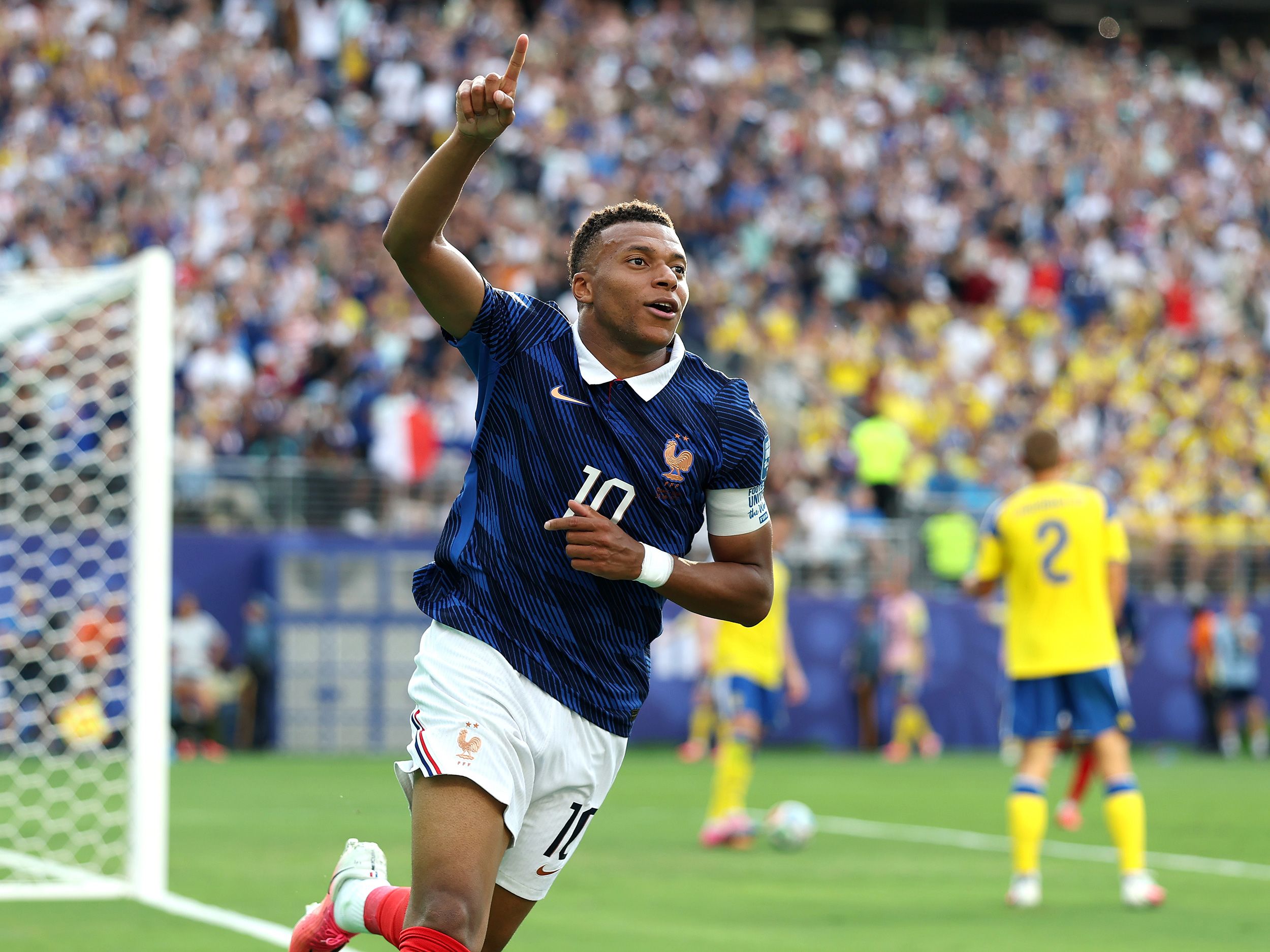 EAST RUTHERFORD, NEW JERSEY - JUNE 30: Kylian Mbappe #10 of France celebrates scoring his team's third goal during the FIFA World Cup 2026 Round Of 32 match between France and Sweden at New York New Jersey Stadium on June 30, 2026 in East Rutherford, New Jersey. (Photo by Al Bello/Getty Images)