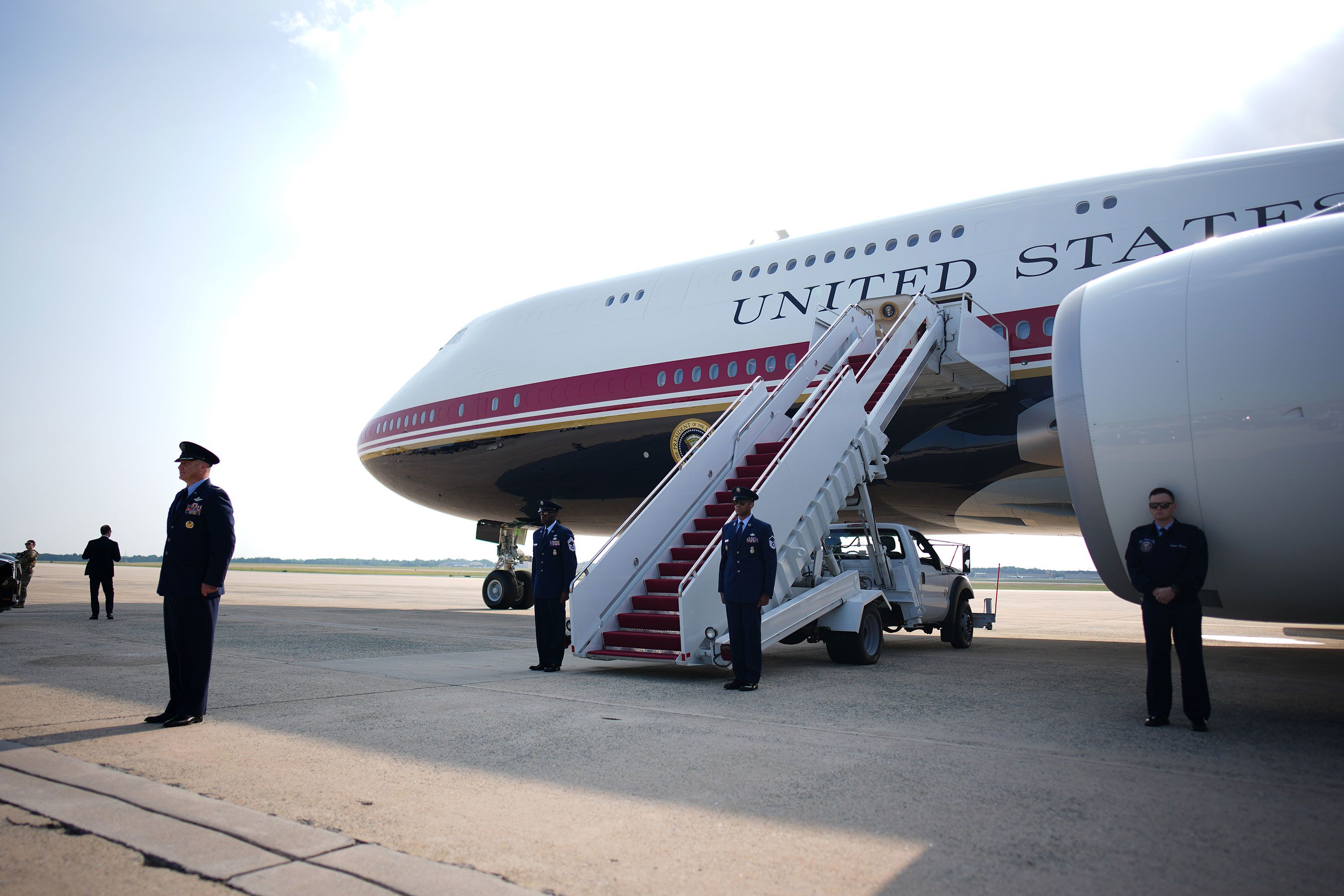 The new Air Force One aircraft is parked ahead of a trip by US President Donald Trump on July 01, 2026 at Joint Base Andrews, Maryland.