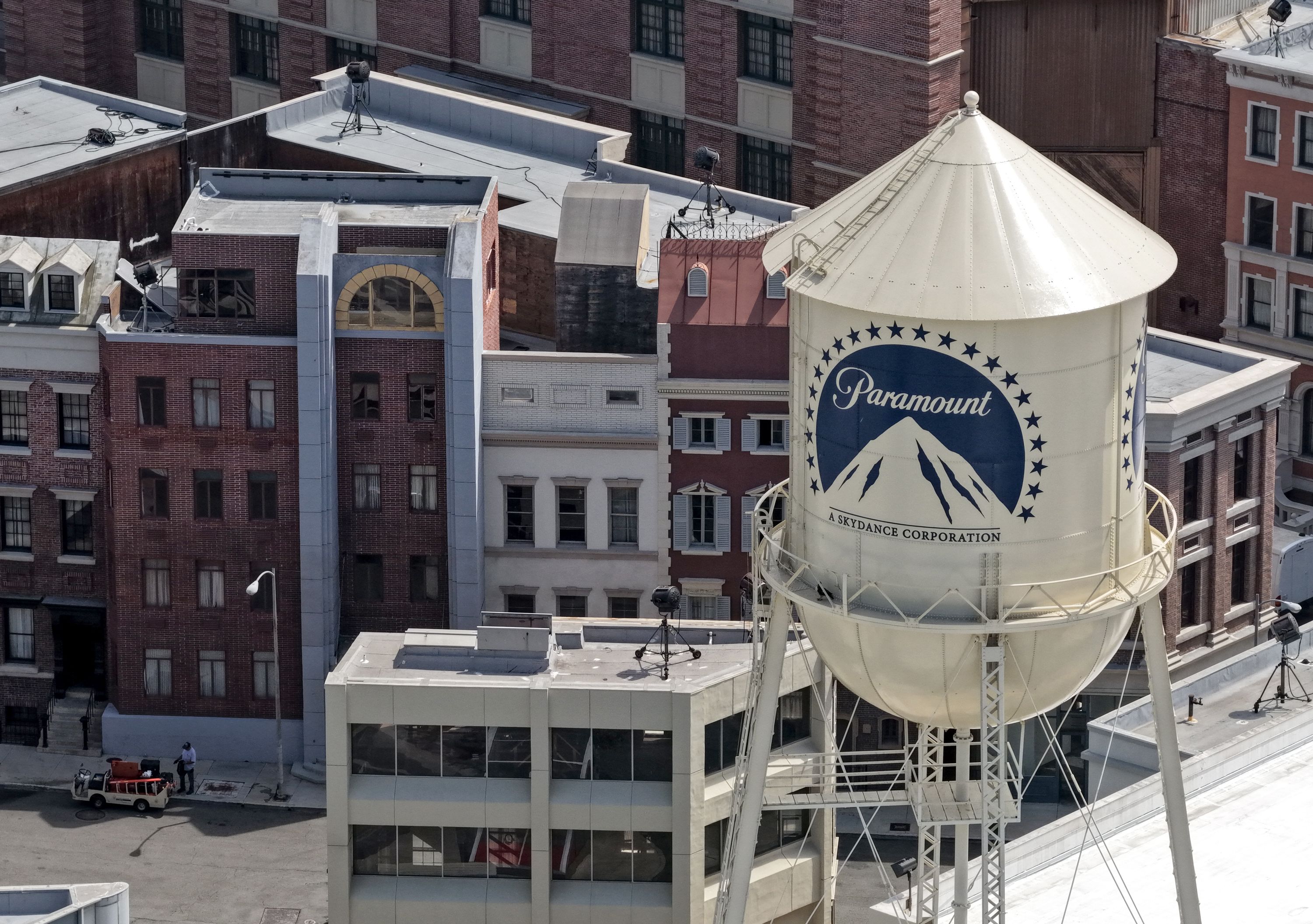 In an aerial view, the Paramount logo is displayed on a water tower at the Paramount Studios lot on July 13, in Los Angeles, California.