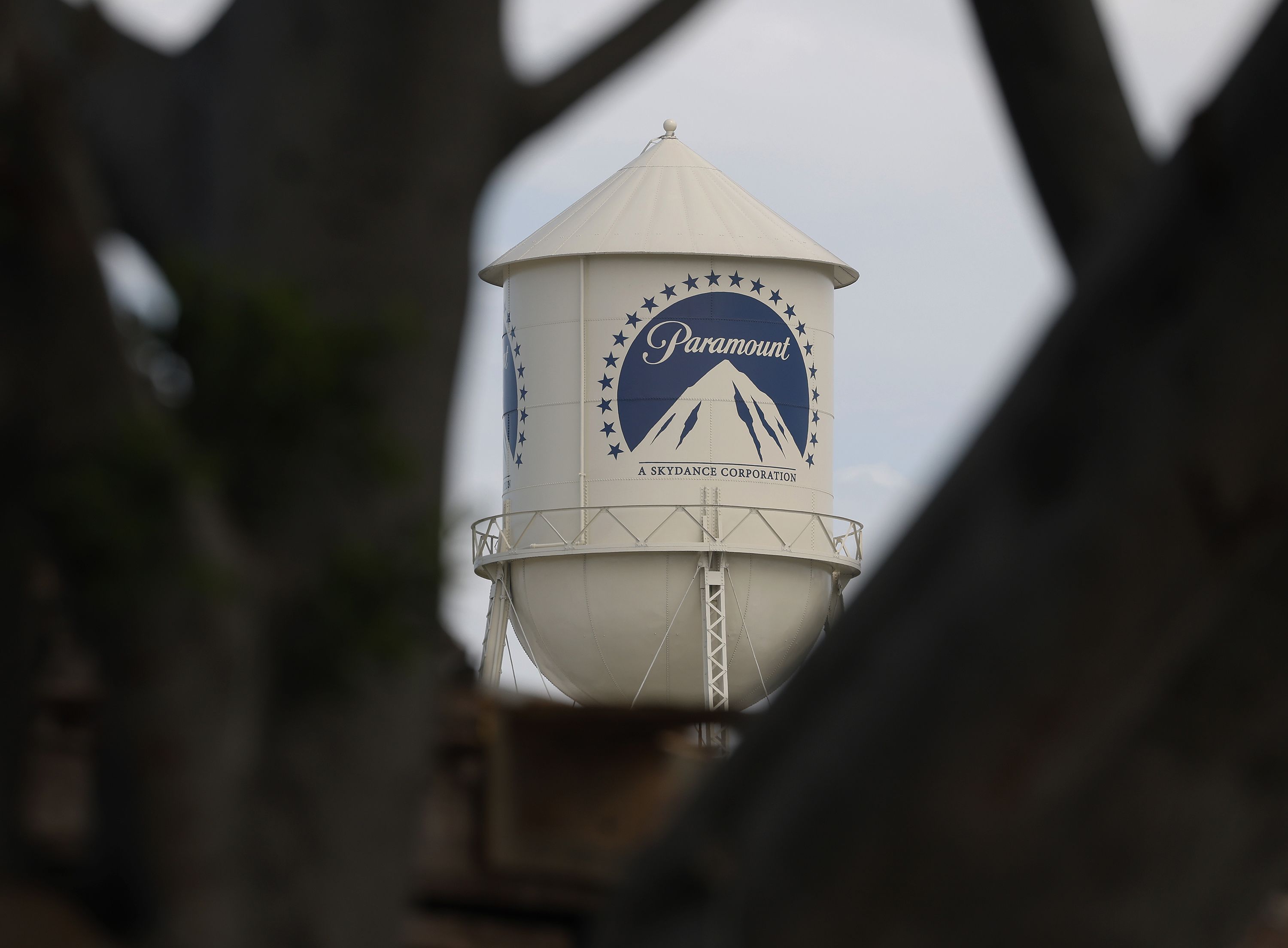 The Paramount logo is displayed on a water tower at the Paramount Studios lot in Los Angeles, on July 13.