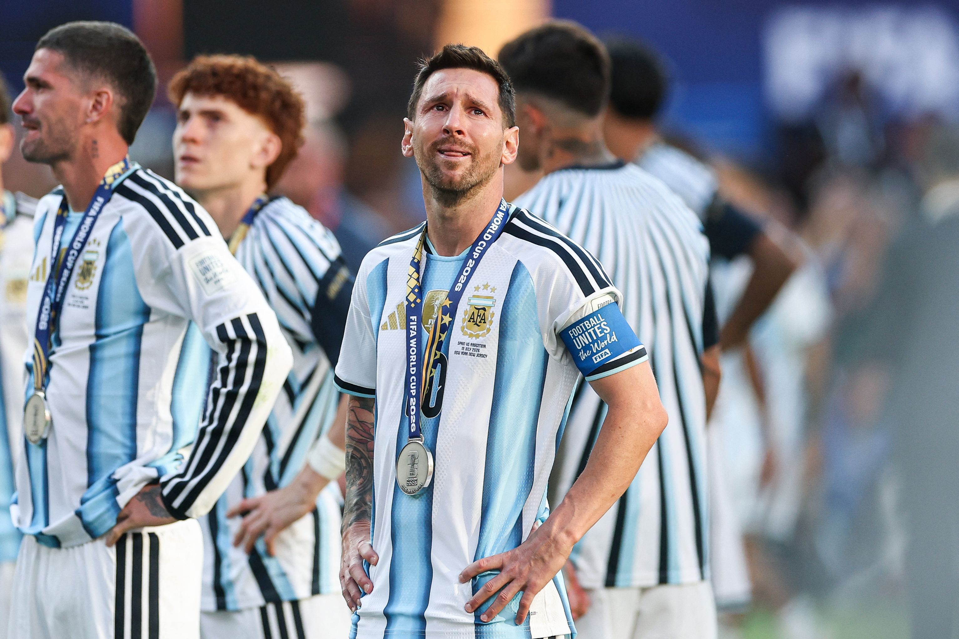TOPSHOT - Argentina's forward #10 Lionel Messi reacts after losing the 2026 World Cup football tournament final match between Spain and Argentina at the New York/New Jersey Stadium in East Rutherford on July 19, 2026.  (Photo by PATRICIA DE MELO MOREIRA / AFP via Getty Images)