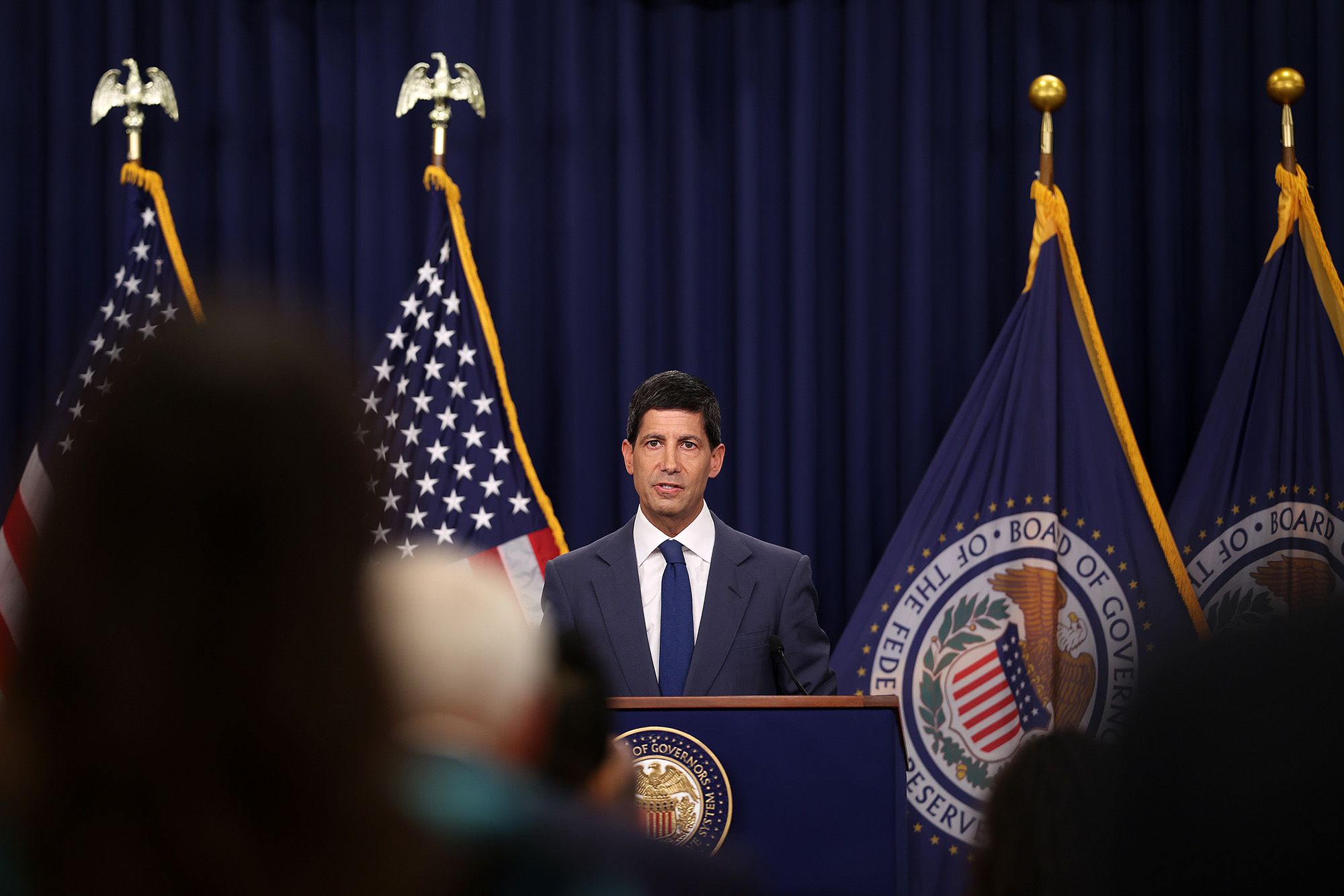 Federal Reserve Chair Kevin Warsh speaks during a news conference at Federal Reserve Headquarters on July 29, 2026 in Washington, DC. The press conference follows Federal Open Market Committee meetings where policymakers kept the interest rate unchanged.