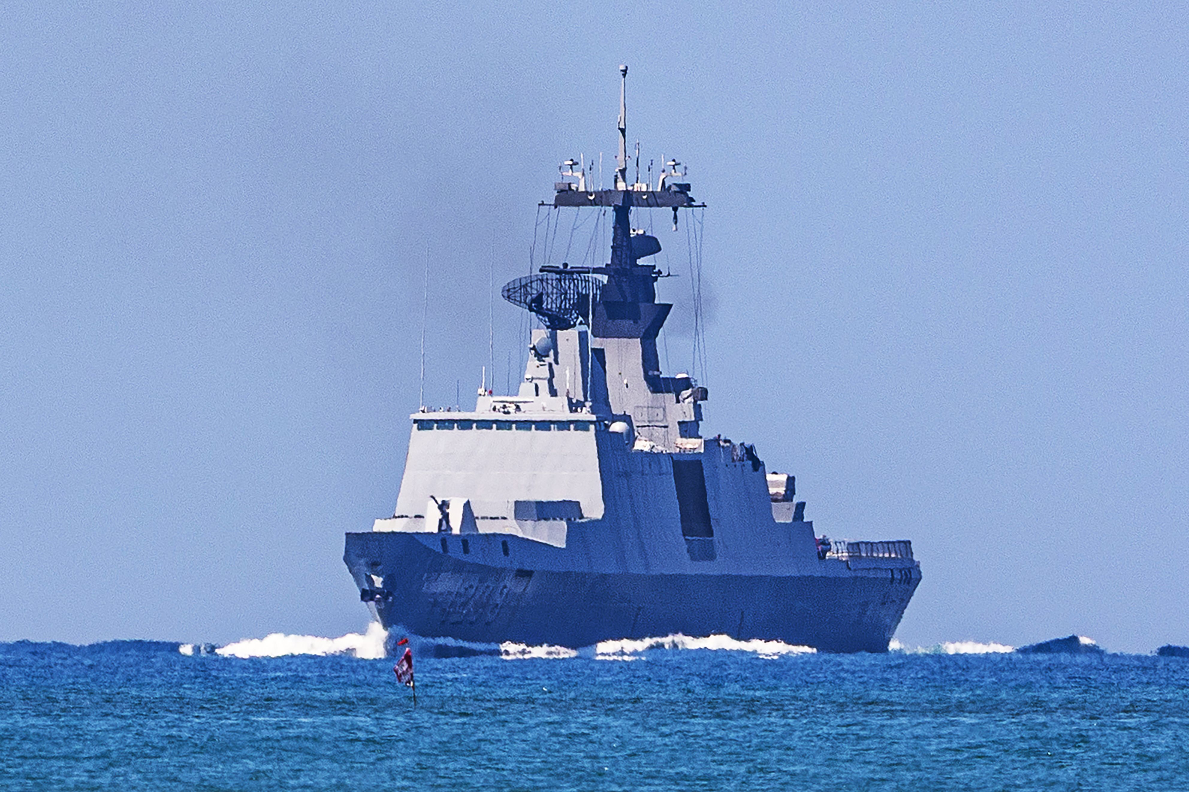 A Republic of China Navy Kang Ding-class (La Fayette-class) frigate navigates the coastal waters off Kaohsiung during naval manoeuvres on the first day of the annual Han Kuang military exercise in Kaohsiung, Taiwan on August 5, 2026.
