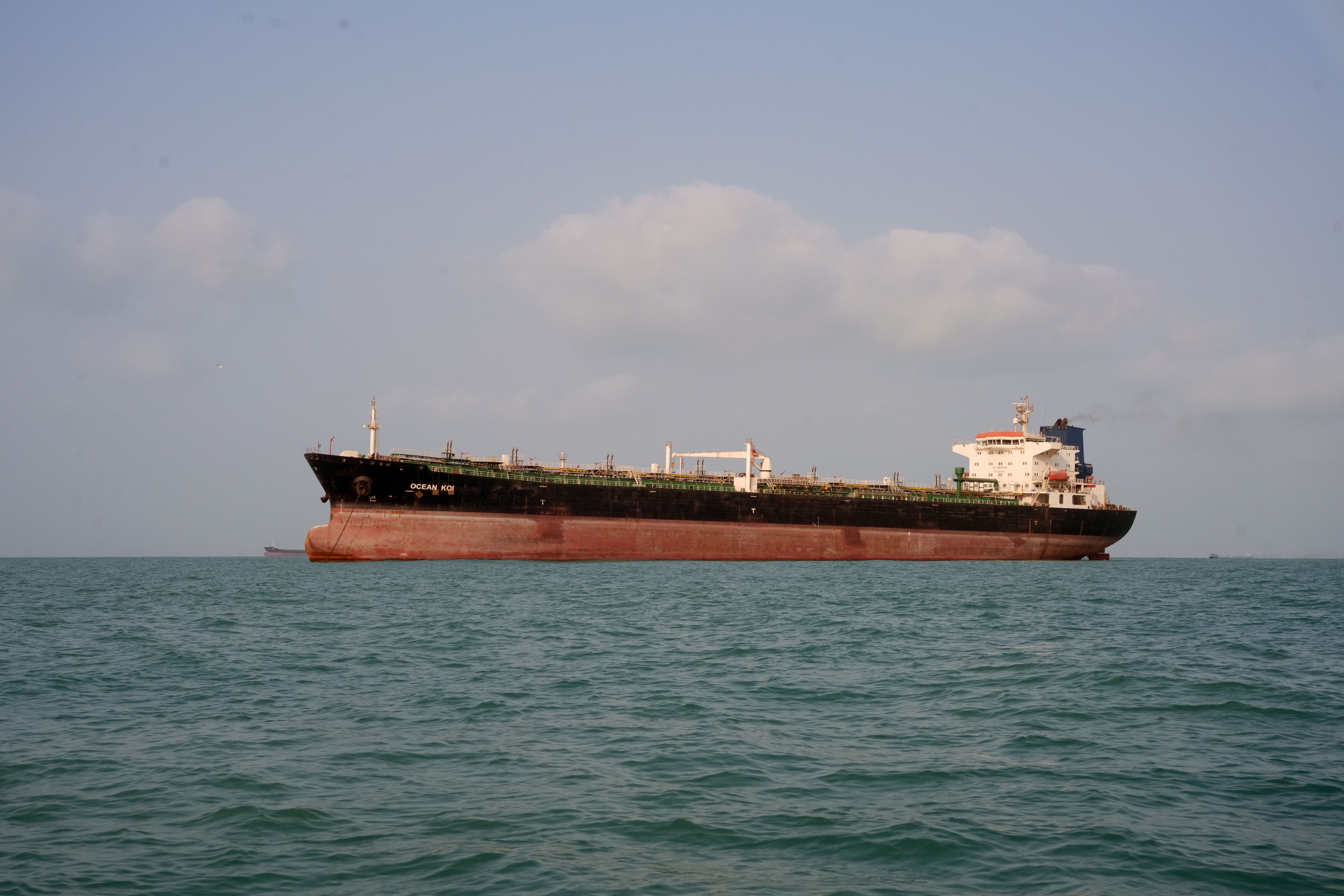 An oil products tanker is anchored in the Strait of Hormuz on August 10, 2026 off the coast of Bandar Abbas, Iran.