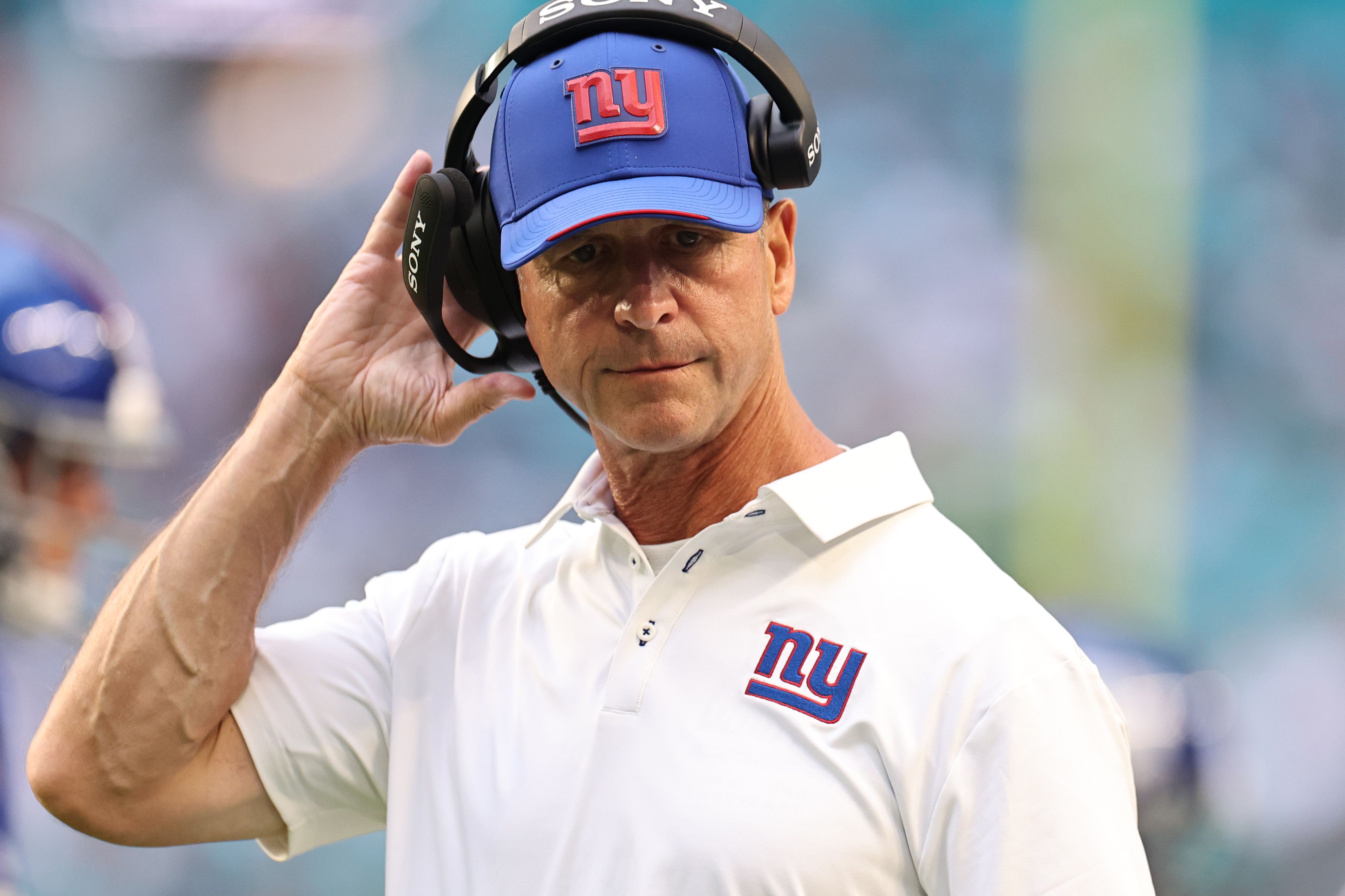 New York Giants head coach John Harbaugh looks on during the second half of a pre season game at Hard Rock Stadium on August 22, 2026 in Miami Gardens, Florida.