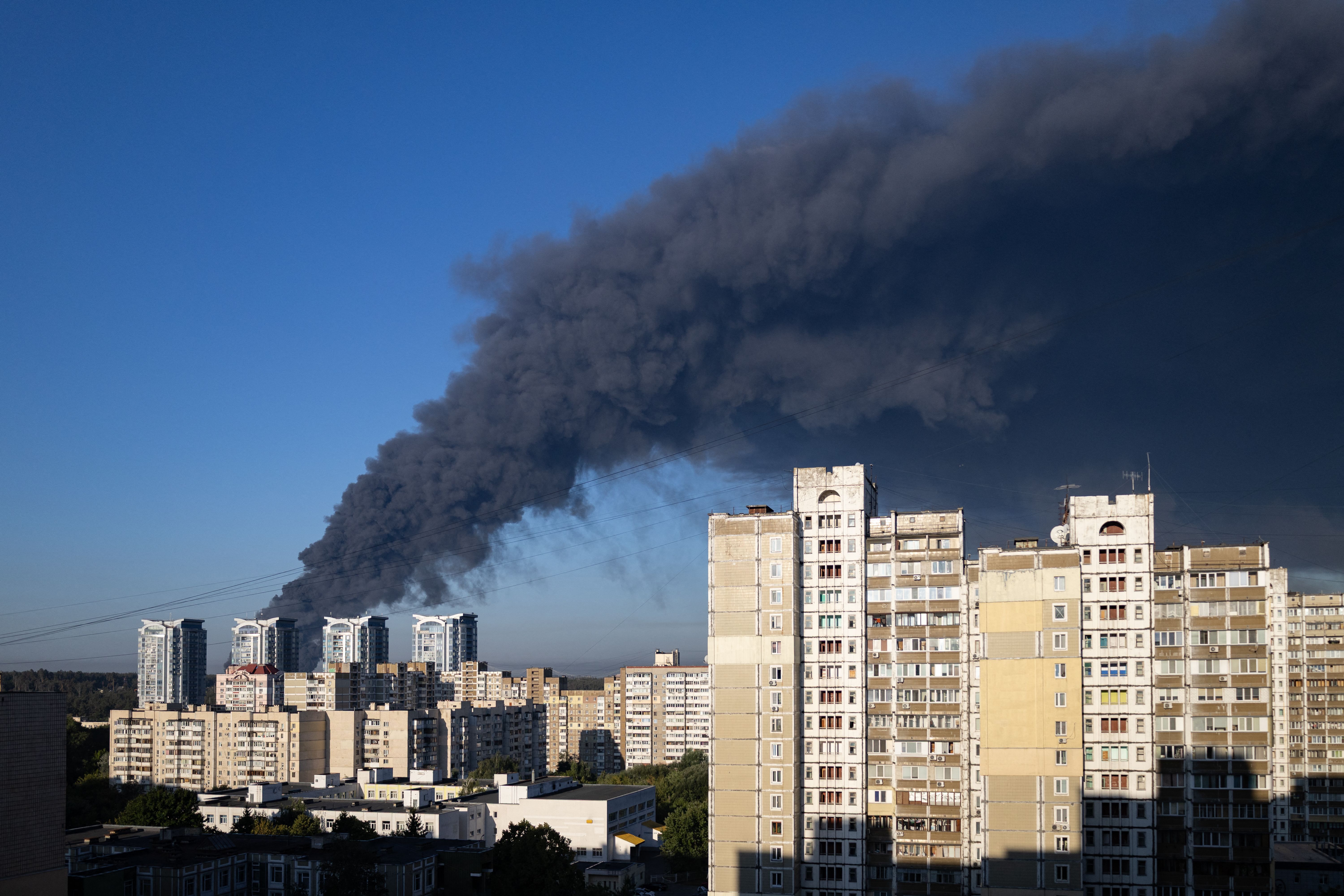 This photograph shows smoke rising following a Russian air attack in Kyiv on August 29, 2026, amid the Russian invasion of Ukraine.