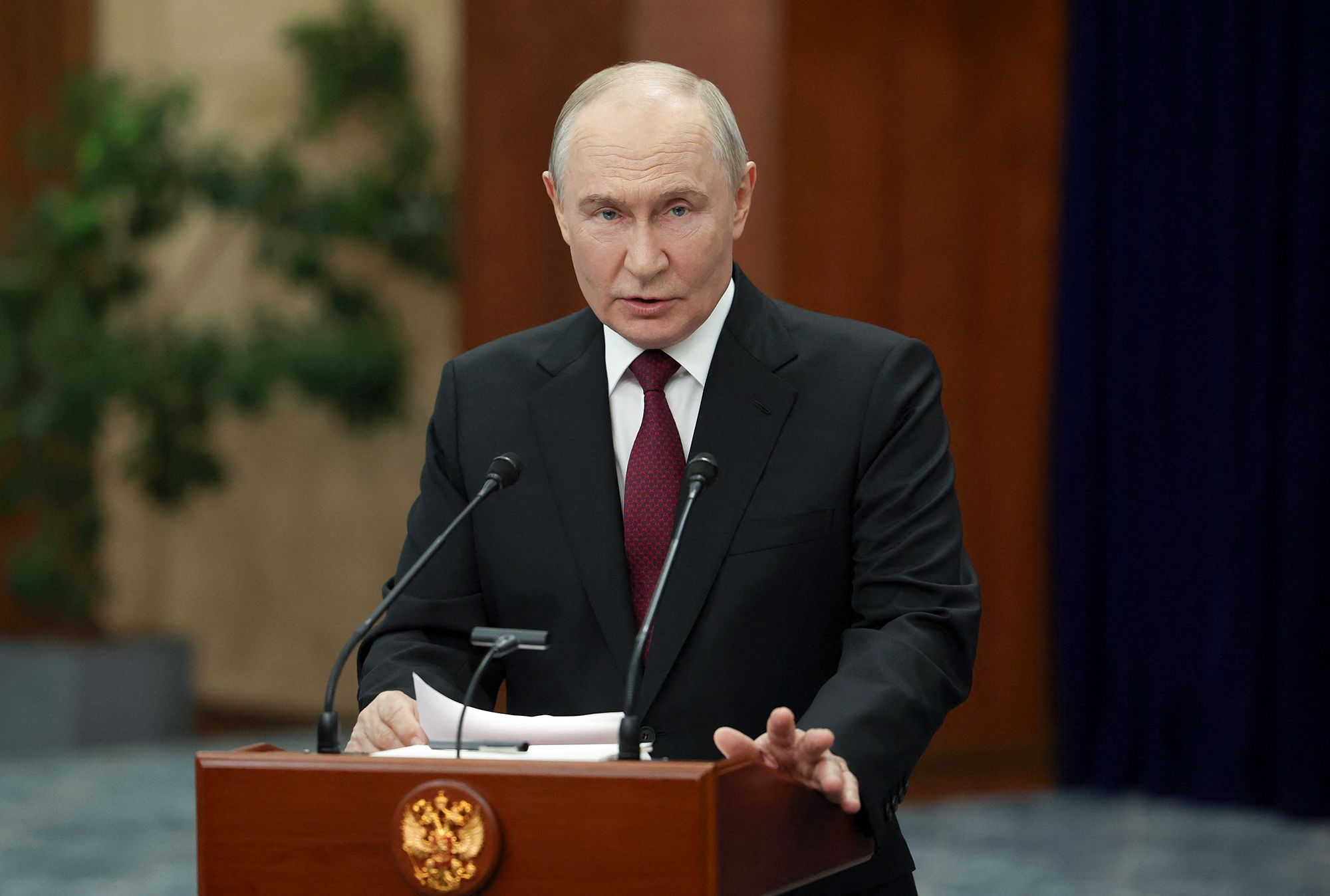 In this pool photograph distributed by the Russian state agency Sputnik, Russia's President Vladimir Putin meets with the media after the Shanghai Cooperation Organisation (SCO) summit in Bishkek on September 1, 2026. (Photo by Vyacheslav PROKOFYEV / POOL / AFP via Getty Images)