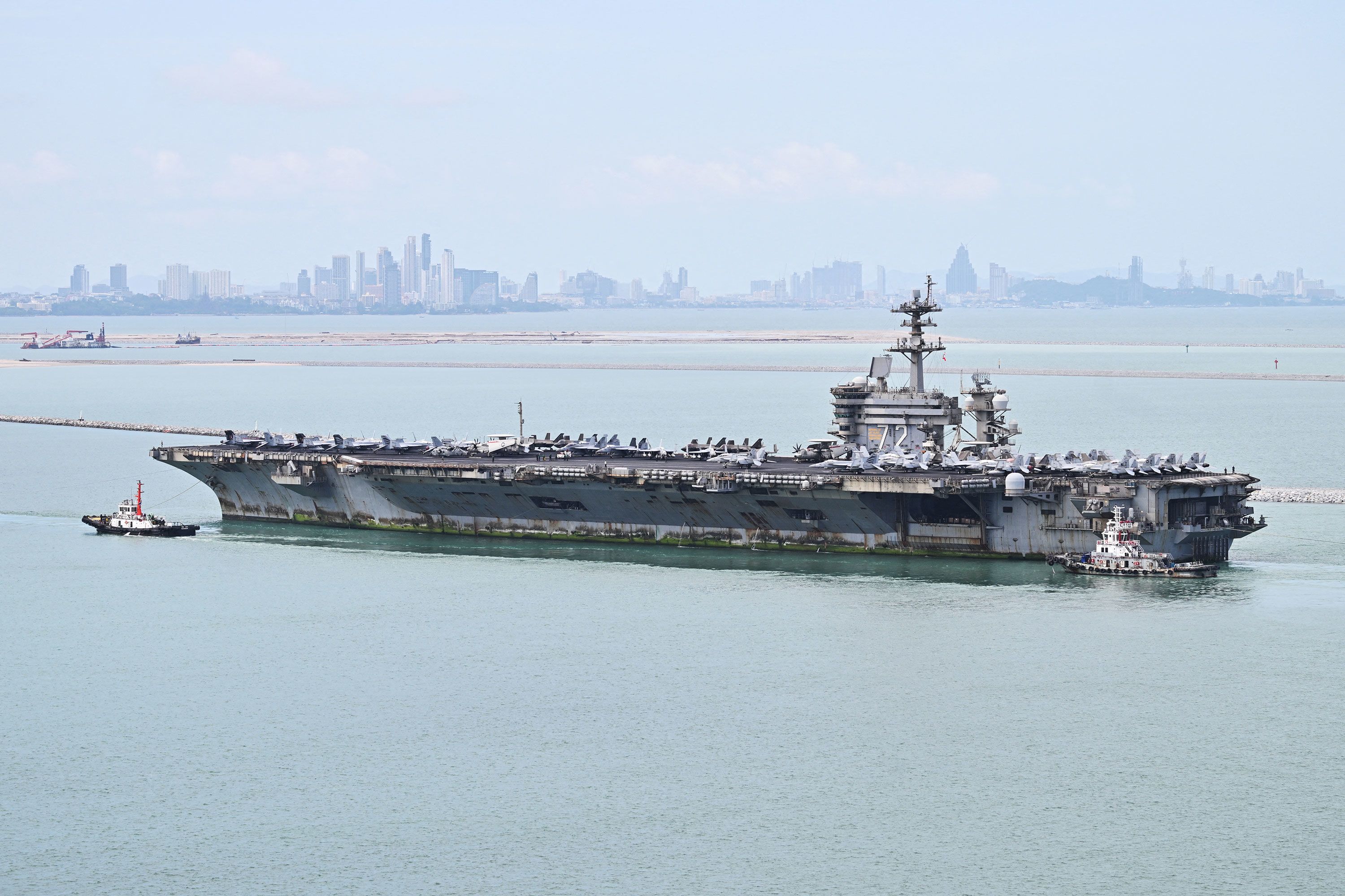 US nuclear-powered aircraft carrier USS Abraham Lincoln is seen near Laem Chabang Port, in the Gulf of Thailand on Wednesday, September 2, near the city of Pattaya.