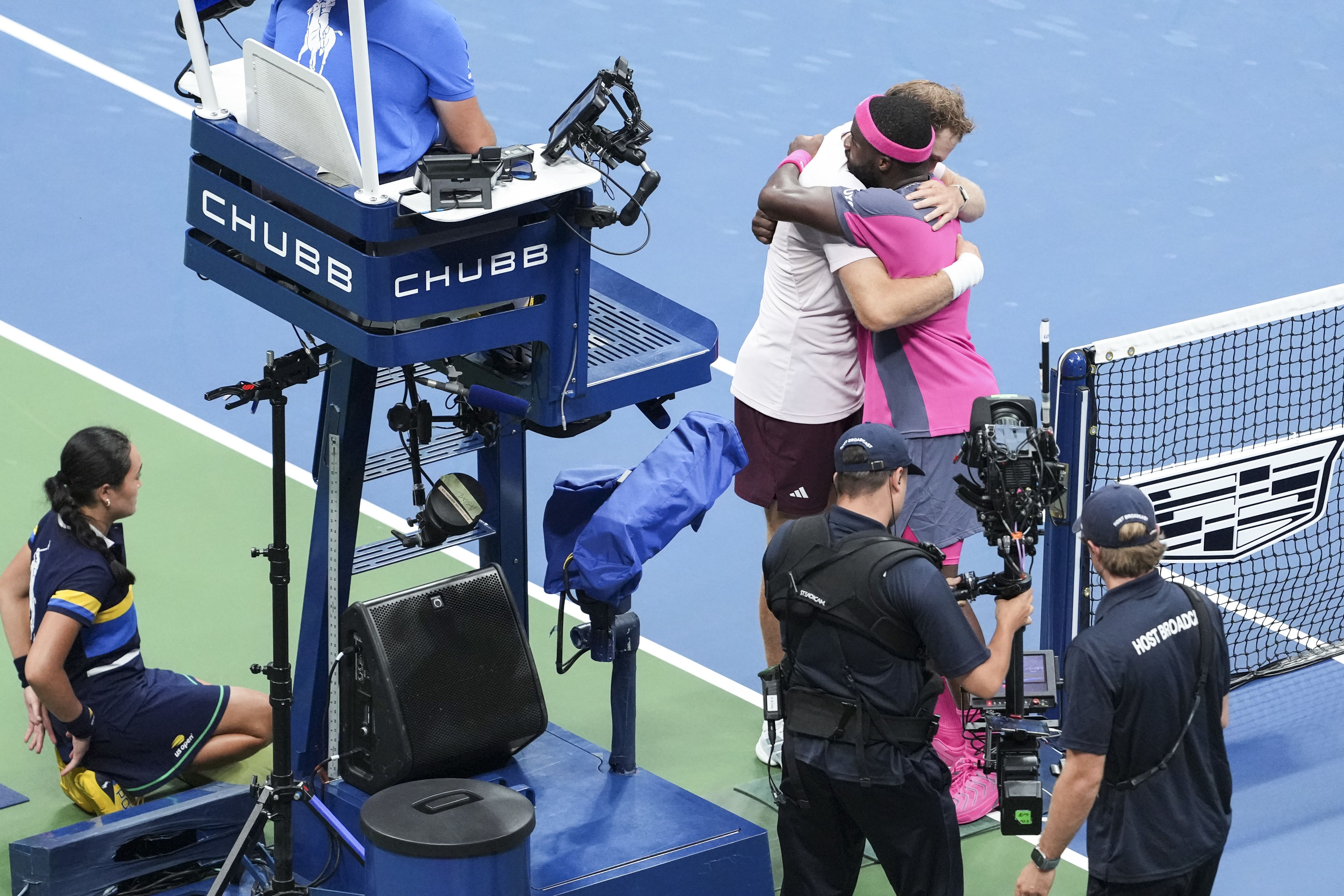 Frances Tiafoe and Alex Michelsen embrace after a Men's Singles quarterfinal match on Day Ten of the 2026 US Open at USTA Billie Jean King National Tennis Center on Tuesday, September 8, 2026 in Flushing, NY.