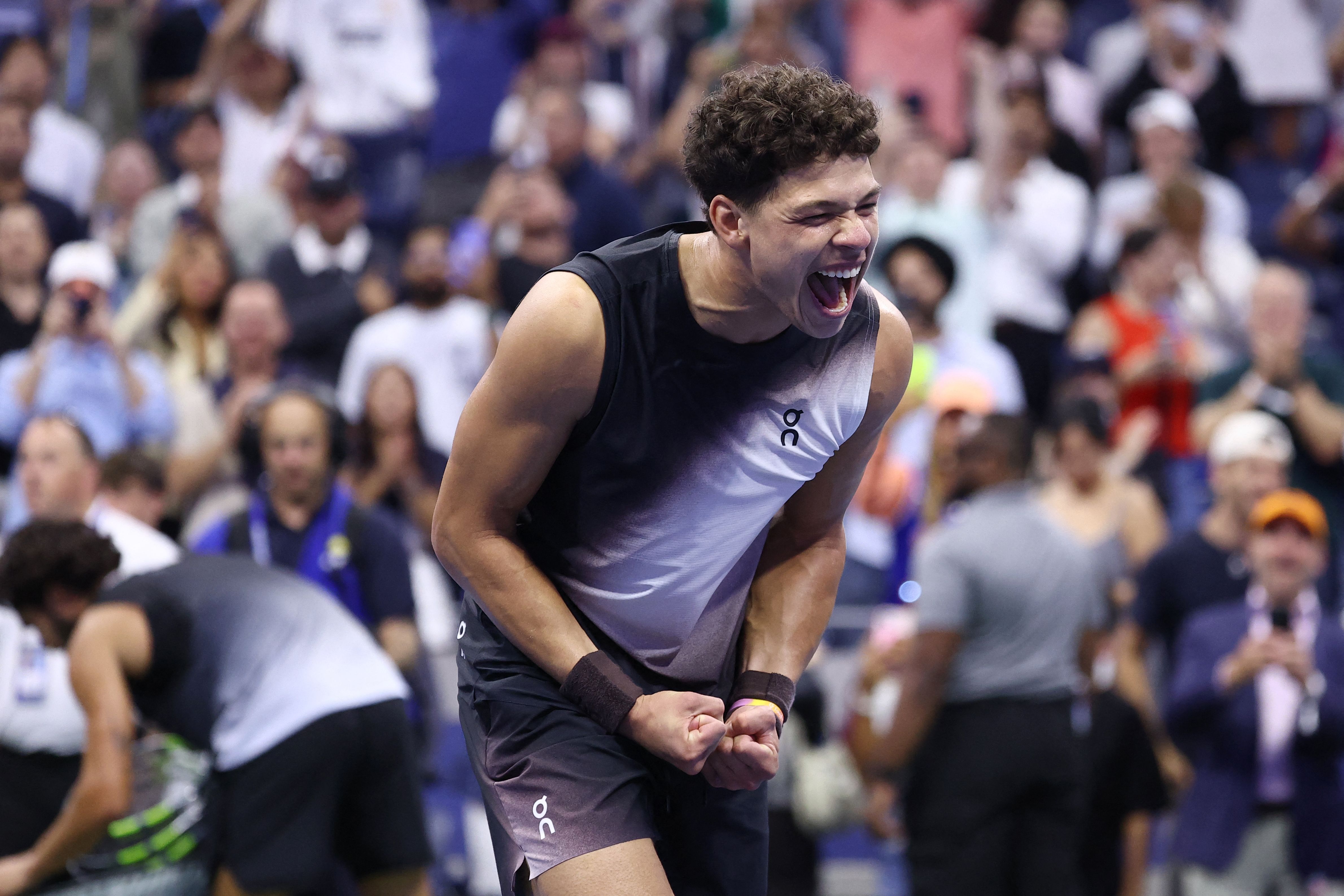 USA's Ben Shelton celebrates his win against Spain's Carlos Alcaraz during the men's singles quarter-final tennis match on day ten of the US Open tennis tournament at the USTA Billie Jean King National Tennis Center in New York City on September 9, 2026.