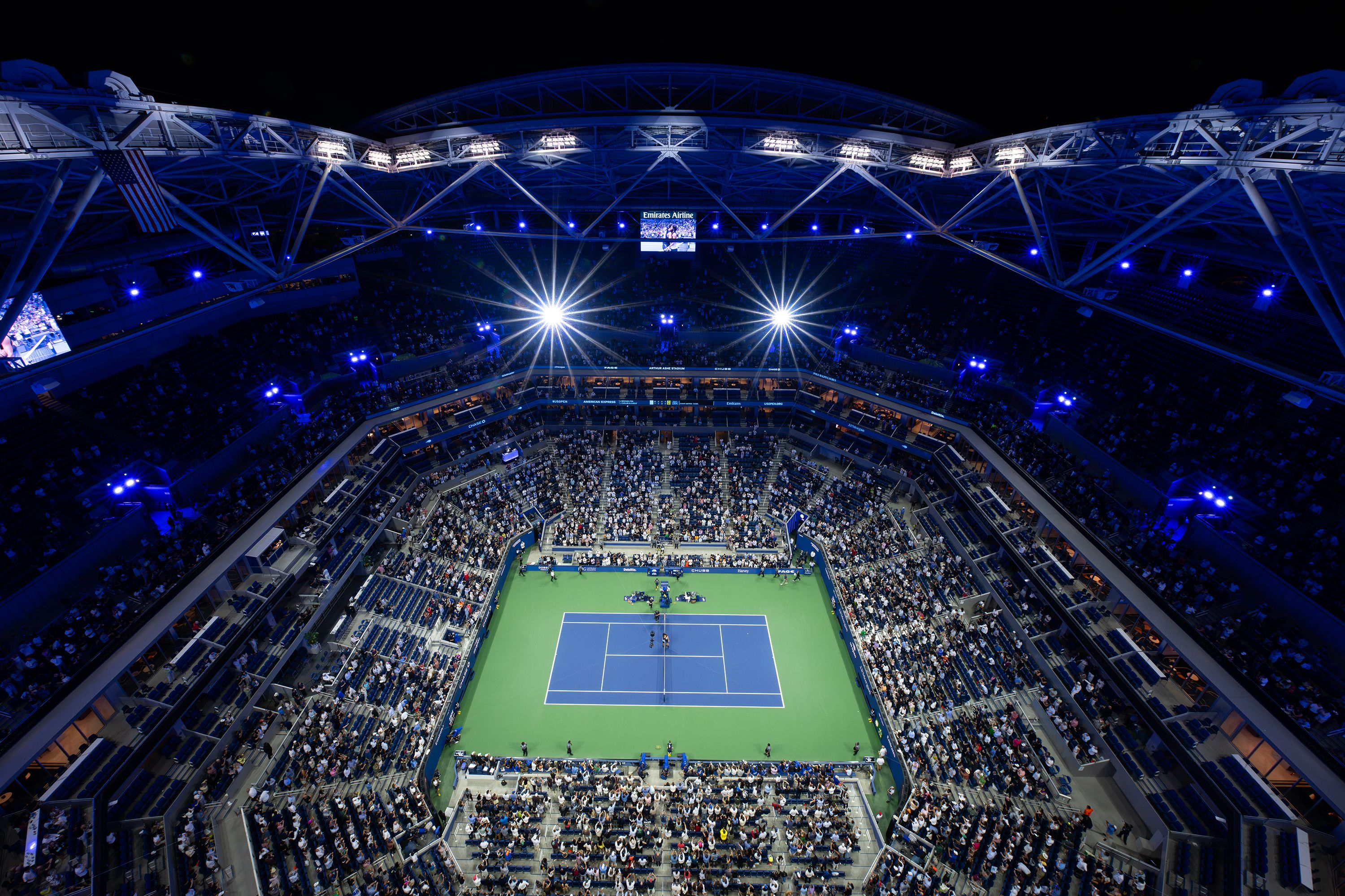 NEW YORK, NEW YORK - SEPTEMBER 09: An overhead view of Ben Shelton and Carlos Alcaraz hugging at the net after a Men's Singles quarterfinal match on Day Ten of the 2026 US Open at USTA Billie Jean King National Tennis Center on Tuesday, September 8, 2026 in Flushing, NY. (Photo by Jennifer Pottheiser/USTA via Getty Images)