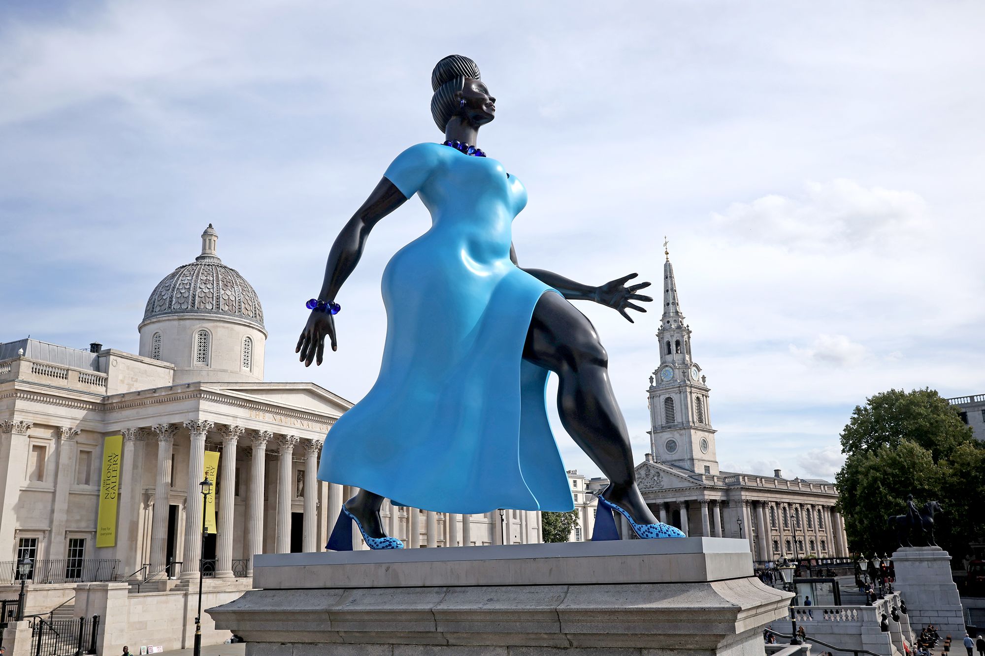 LONDON, ENGLAND - SEPTEMBER 10: The Lady in Blue sculpture by artist Tschabalala Self is unveiled on Trafalgar Square's Fourth Plinth on September 10, 2026 in London, England. Lady in Blue by artist Tschabalala Self has been selected as the 16th official commission for Trafalgar Square's Fourth Plinth, scheduled for unveiling on September 10, 2026. The 10-foot-tall painted bronze sculpture features a Lapis Lazuli blue finish and depicts an everyday metropolitan woman to represent the modern spirit of London. (Photo by Dan Kitwood/Getty Images)