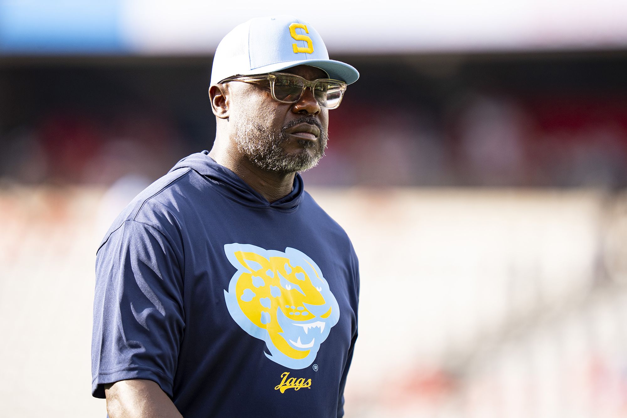 Head coach Marshall Faulk of the Southern Jaguars walks on the field prior to a game against the Houston Cougars at TDECU Stadium on September 12, 2026 in Houston, Texas.
