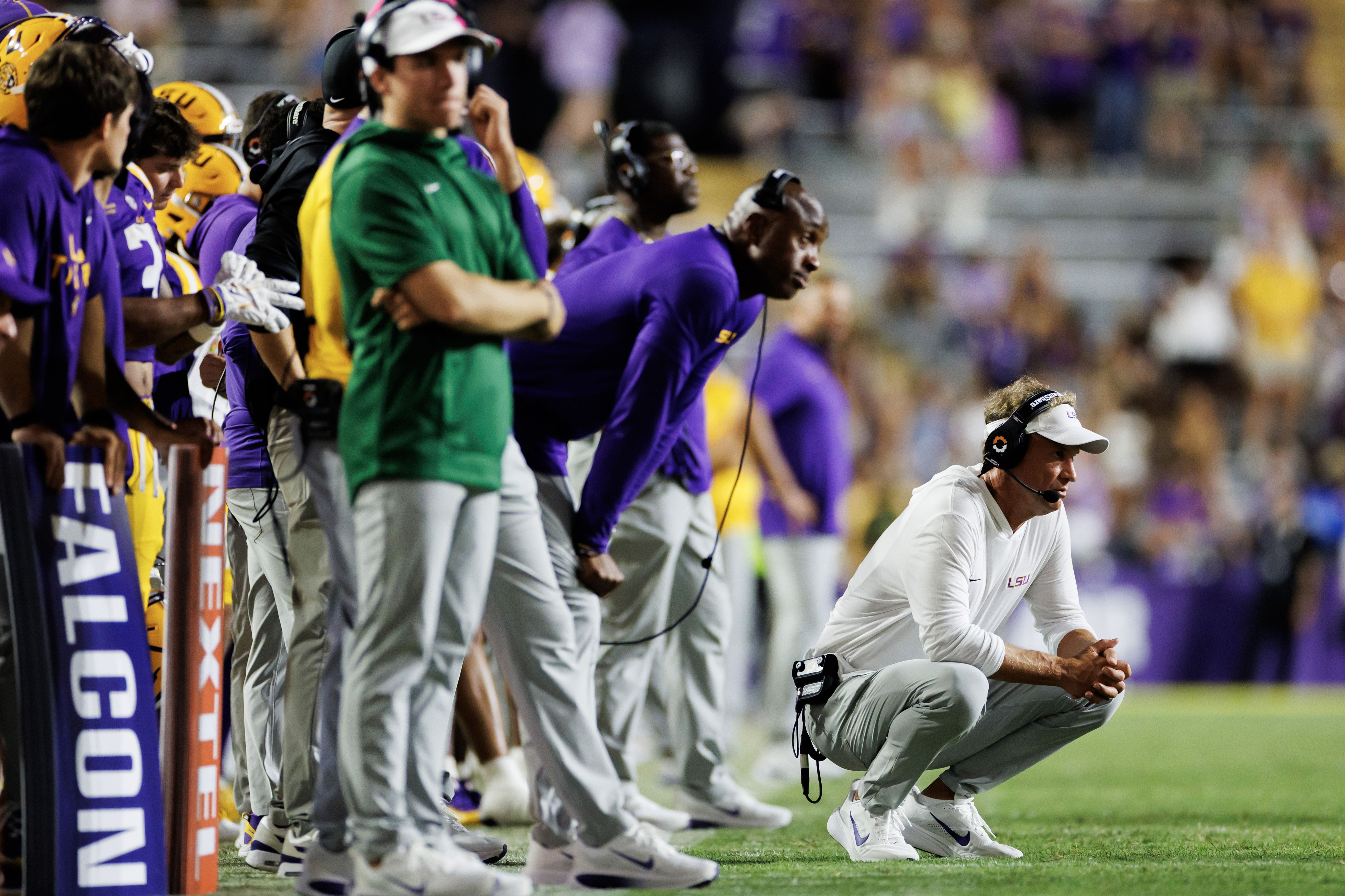 BATON ROUGE, LOUISIANA - SEPTEMBER 12: Head Coach Lane Kiffin of the Louisiana State Tigers looks on during the fourth quarter of a game between the Louisiana State Tigers and the Louisiana Tech Bulldogs at Tiger Stadium on September 12, 2026 in Baton Rouge, Louisiana.