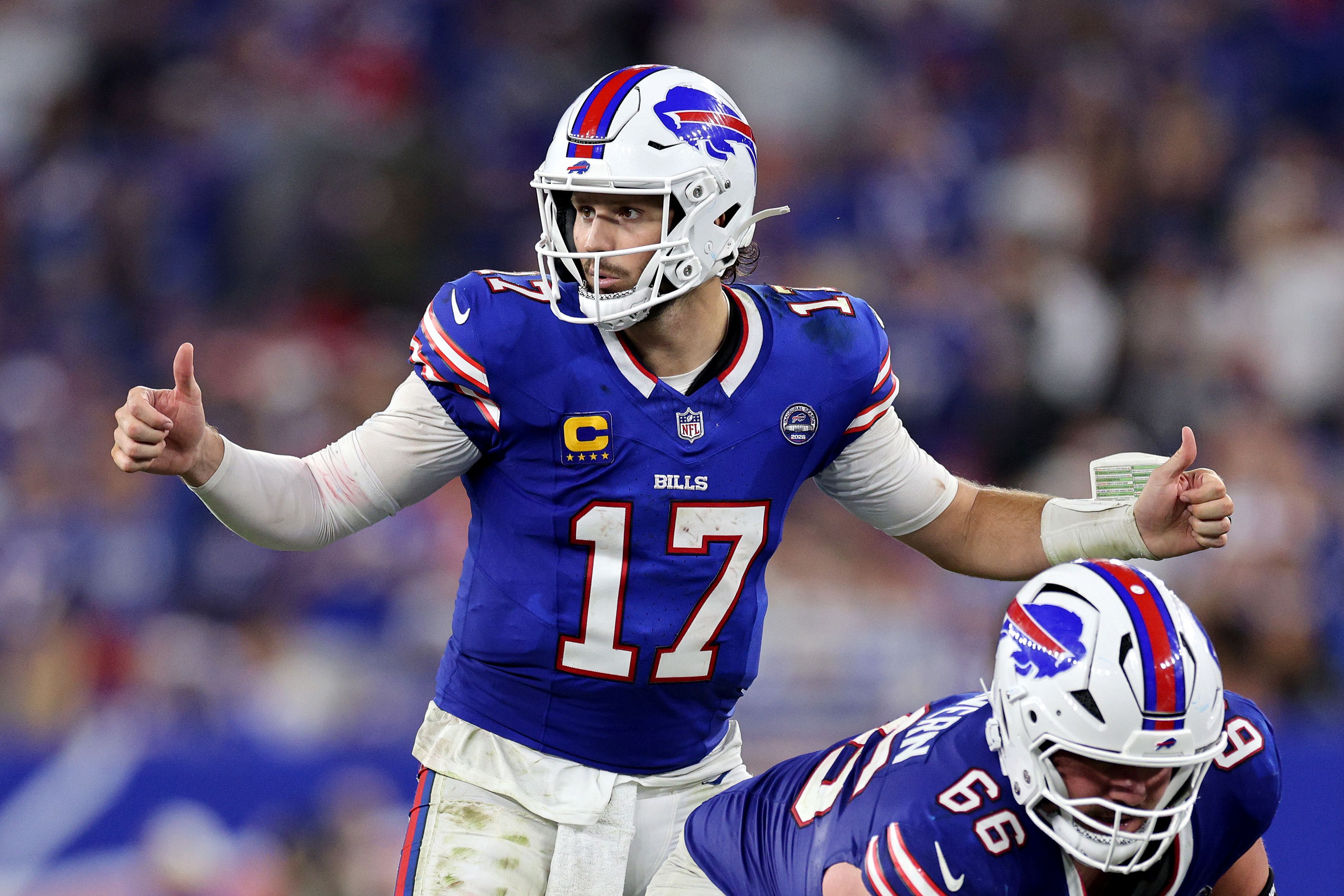 ORCHARD PARK, NEW YORK - SEPTEMBER 17: Josh Allen #17 of the Buffalo Bills calls a play against the Detroit Lions during the fourth quarter of the game at Highmark Stadium on September 17, 2026 in Orchard Park, New York. (Photo by Bryan M. Bennett/Getty Images)