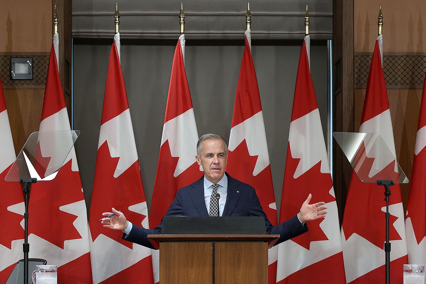 Canadian Prime Minister Mark Carney speaks during the national caucus retreat on Parliament Hill in Ottawa, Canada, on Friday, September 18.