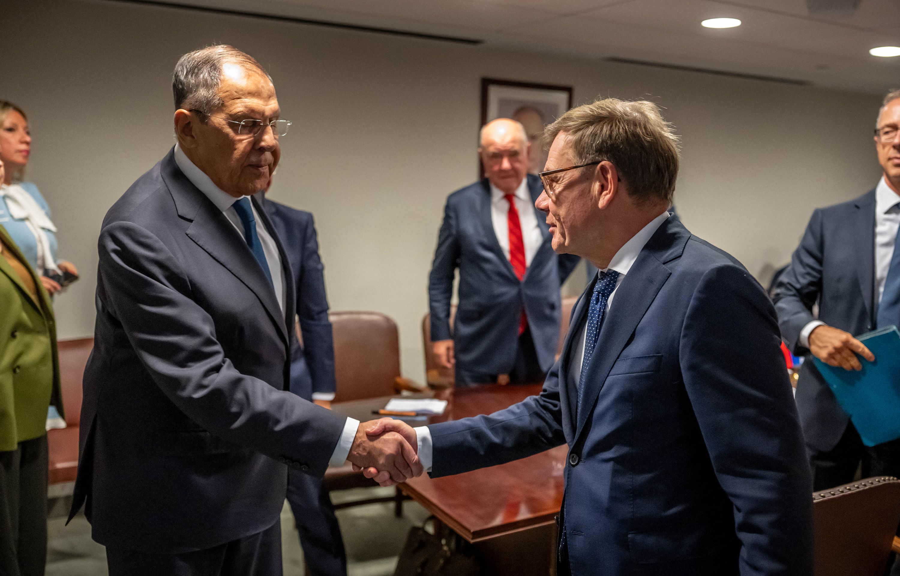 From left, Sergey Lavrov, Russia's foreign minister, bids farewell to Johann Wadephul, Germany's foreign minister, after a meeting on the sidelines of the UN General Assembly session at the United Nations, on Saturday, September 26.