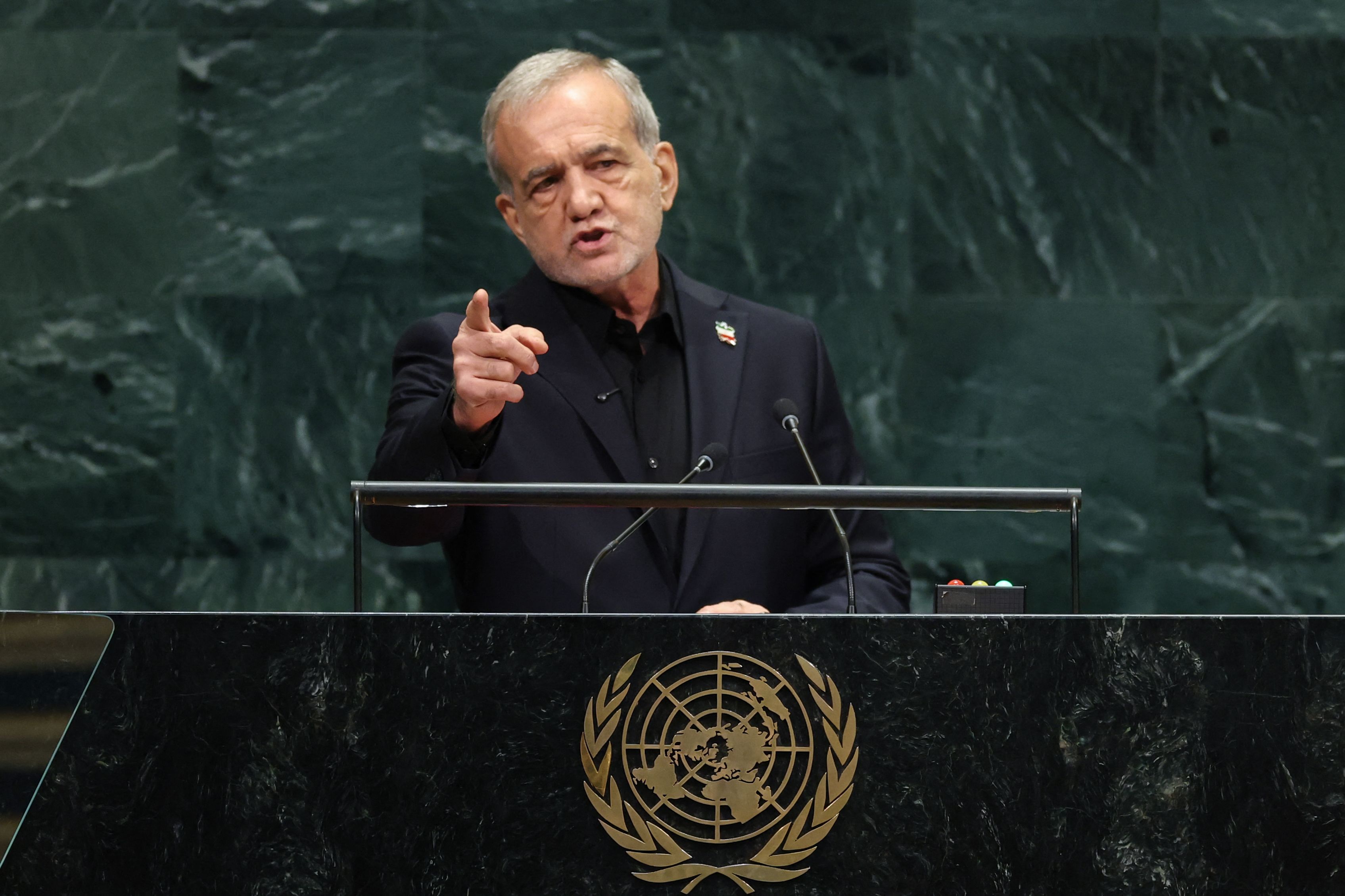 Iran's President Masoud Pezeshkian speaks during the 81st United Nations General Assembly at the United Nations Headquarters in New York, on Wednesday, September 23.