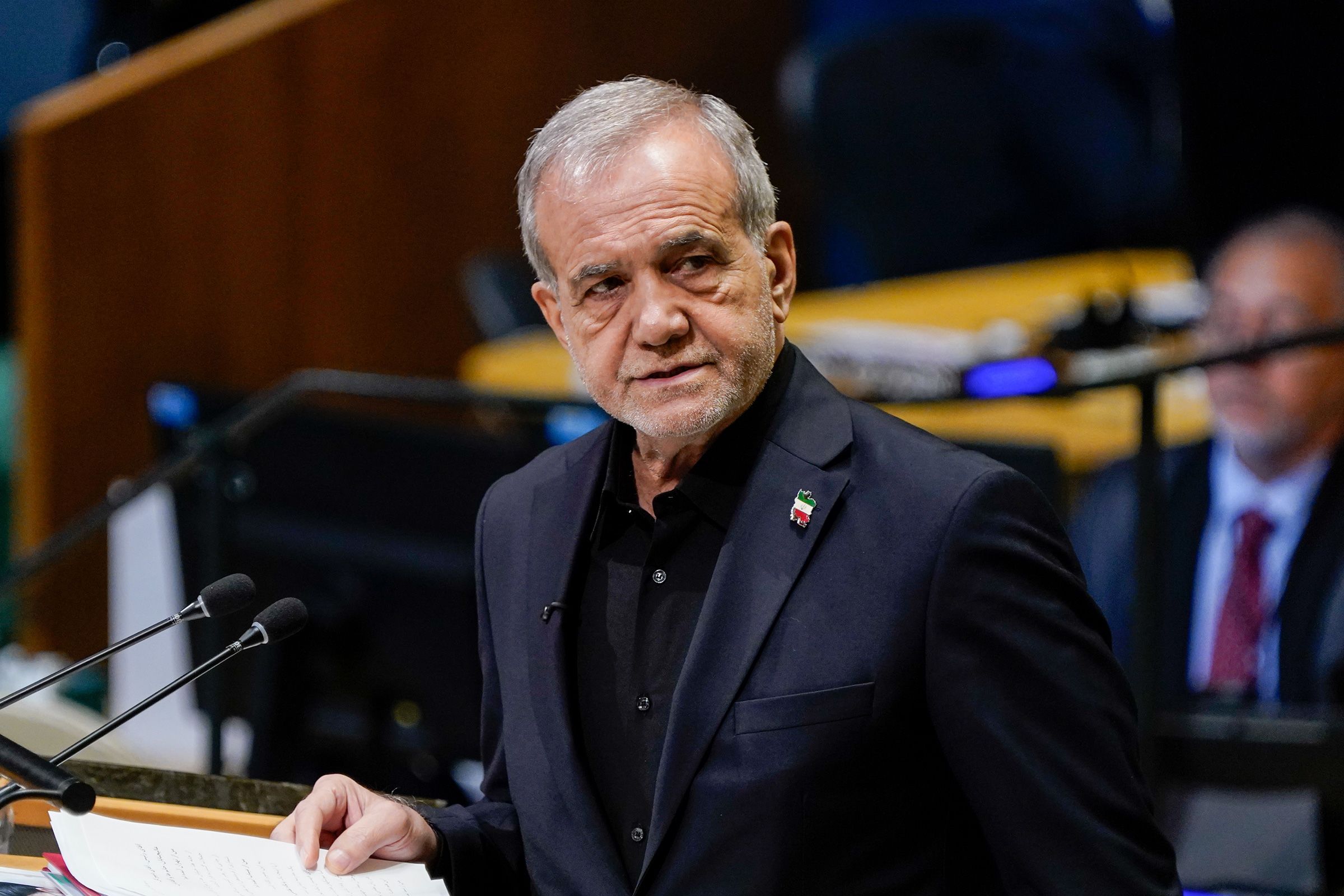 Iranian President Masoud Pezeshkian, during the United Nations General Assembly in New York, on Wednesday.