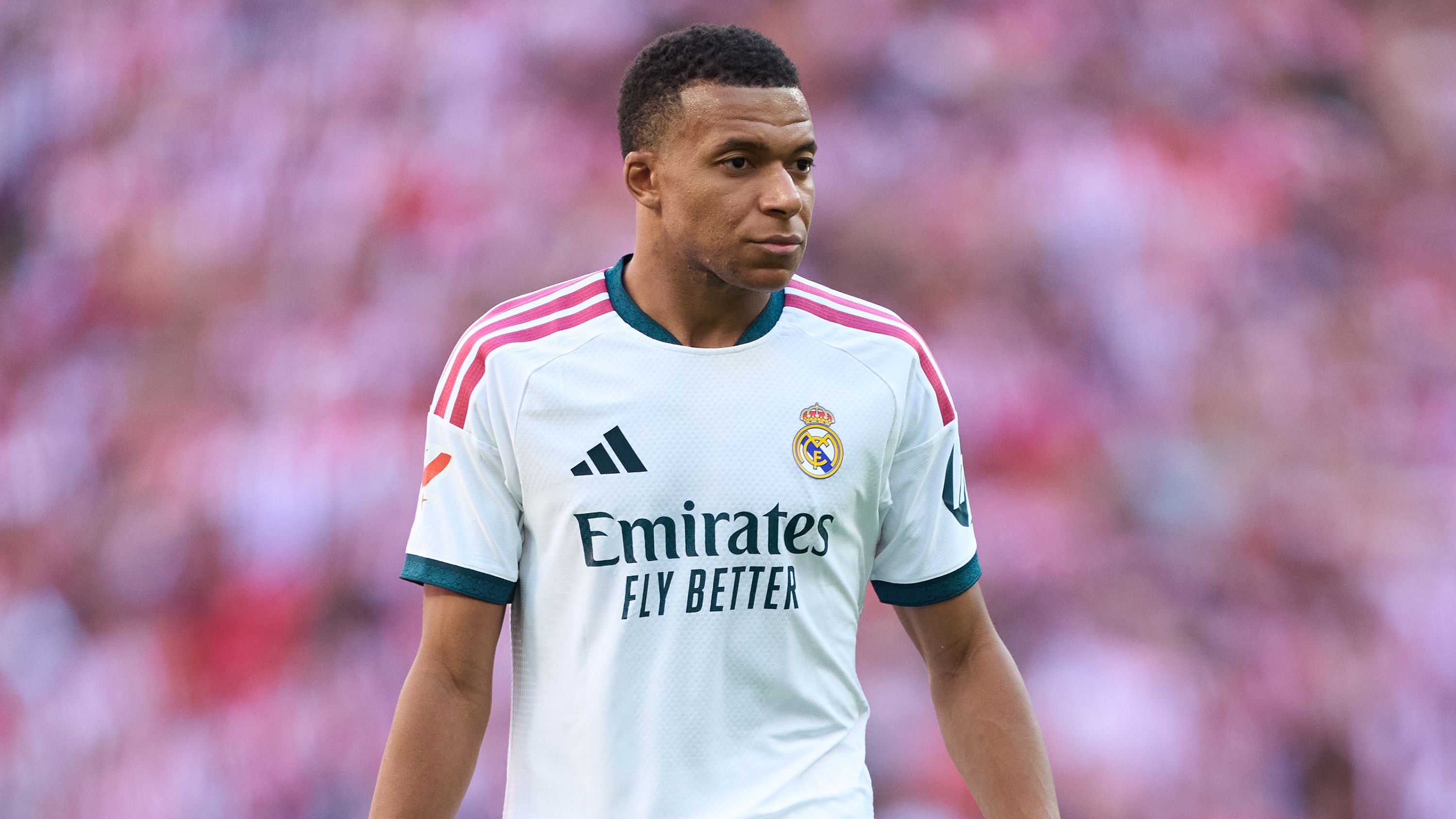 MADRID, SPAIN - SEPTEMBER 20: Kylian Mbappe of Real Madrid looks on during the LaLiga EA Sports 2026/27 match between Atletico de Madrid and Real Madrid at Riyadh Air Metropolitano on September 20, 2026 in Madrid, Spain. (Photo by Mateo Villalba Sanchez/Getty Images)