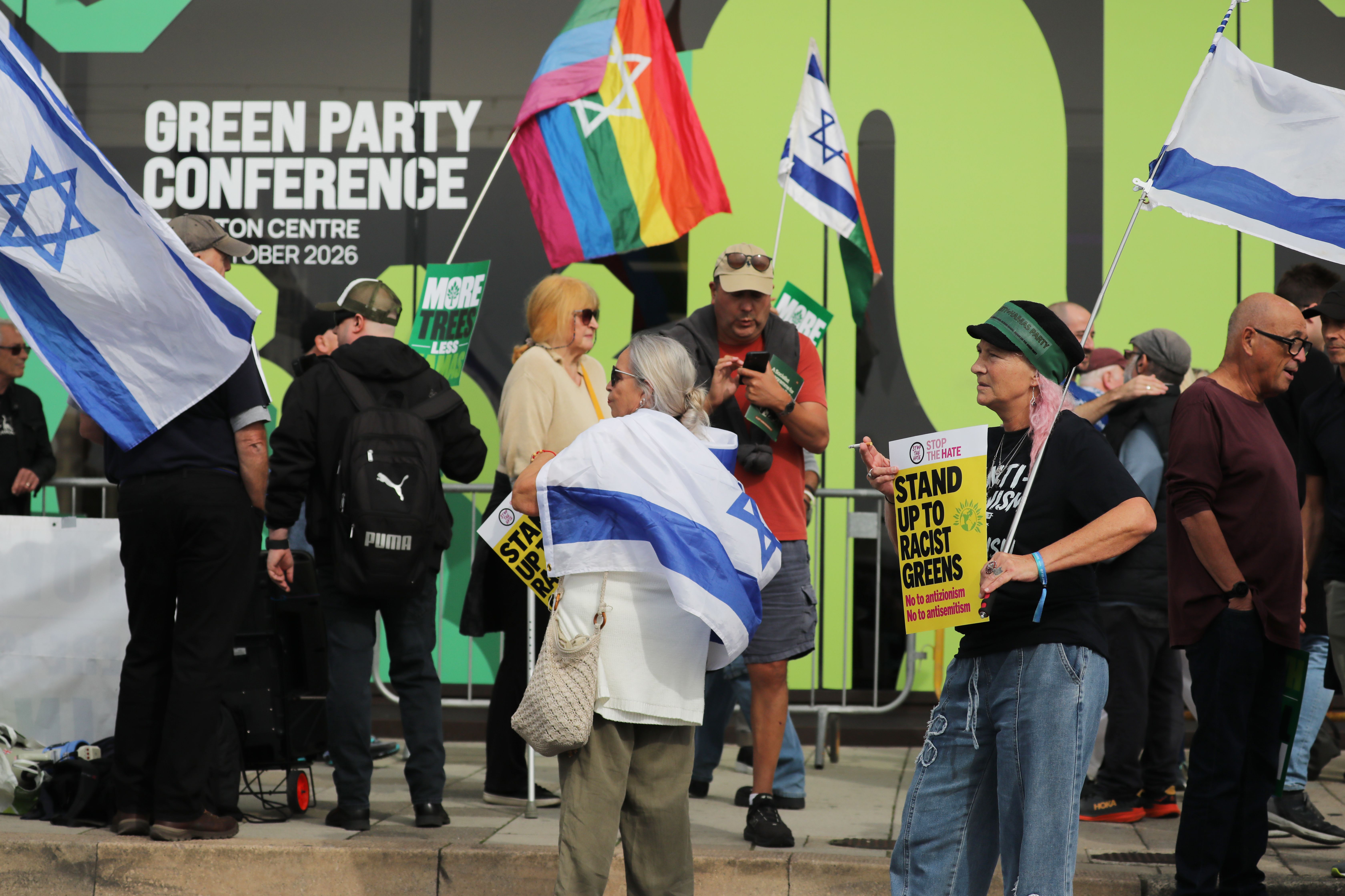 A pro-Israel demonstration during Day Two of the Green Party Conference at Brighton Centre in Brighton, England, on October 3, 2026.