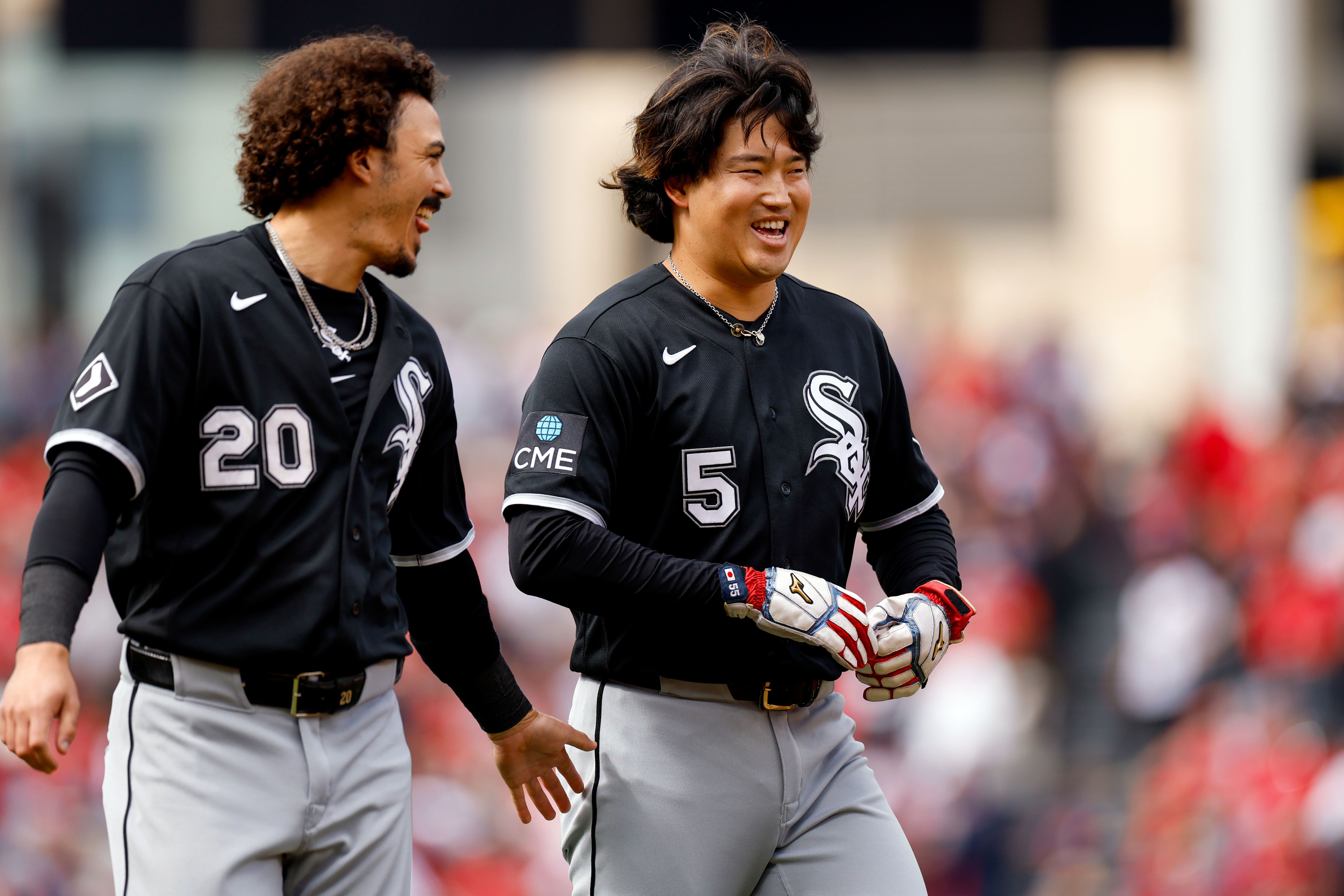 CLEVELAND, OH - OCTOBER 03: Miguel Vargas #20 of the Chicago White Sox celebrates with teammate Munetaka Murakami #5 during Game One of the American League Division Series presented by Booking.com between the Chicago White Sox and the Cleveland Guardians at Progressive Field on Saturday, October 3, 2026 in Cleveland, Ohio. (Photo by Lauren Leigh Bacho/MLB Photos via Getty Images)