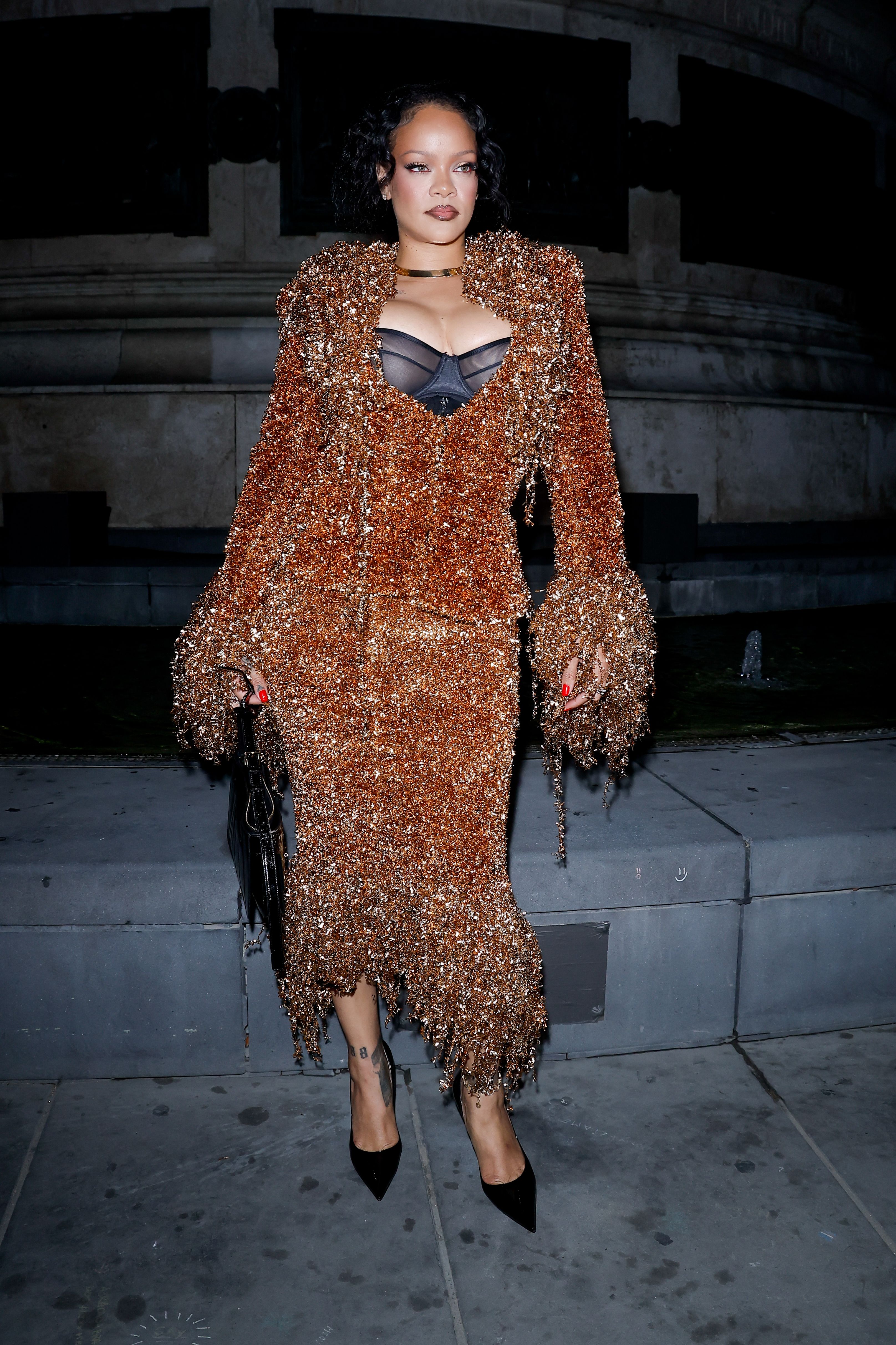 Rihanna at the Matières Fécales fashion show as a part of RTW Spring/Summer 2027 held at Place de la République on September 28, 2026 in Paris, France. (Photo by Aitor Rosas Sune/WWD via Getty Images)