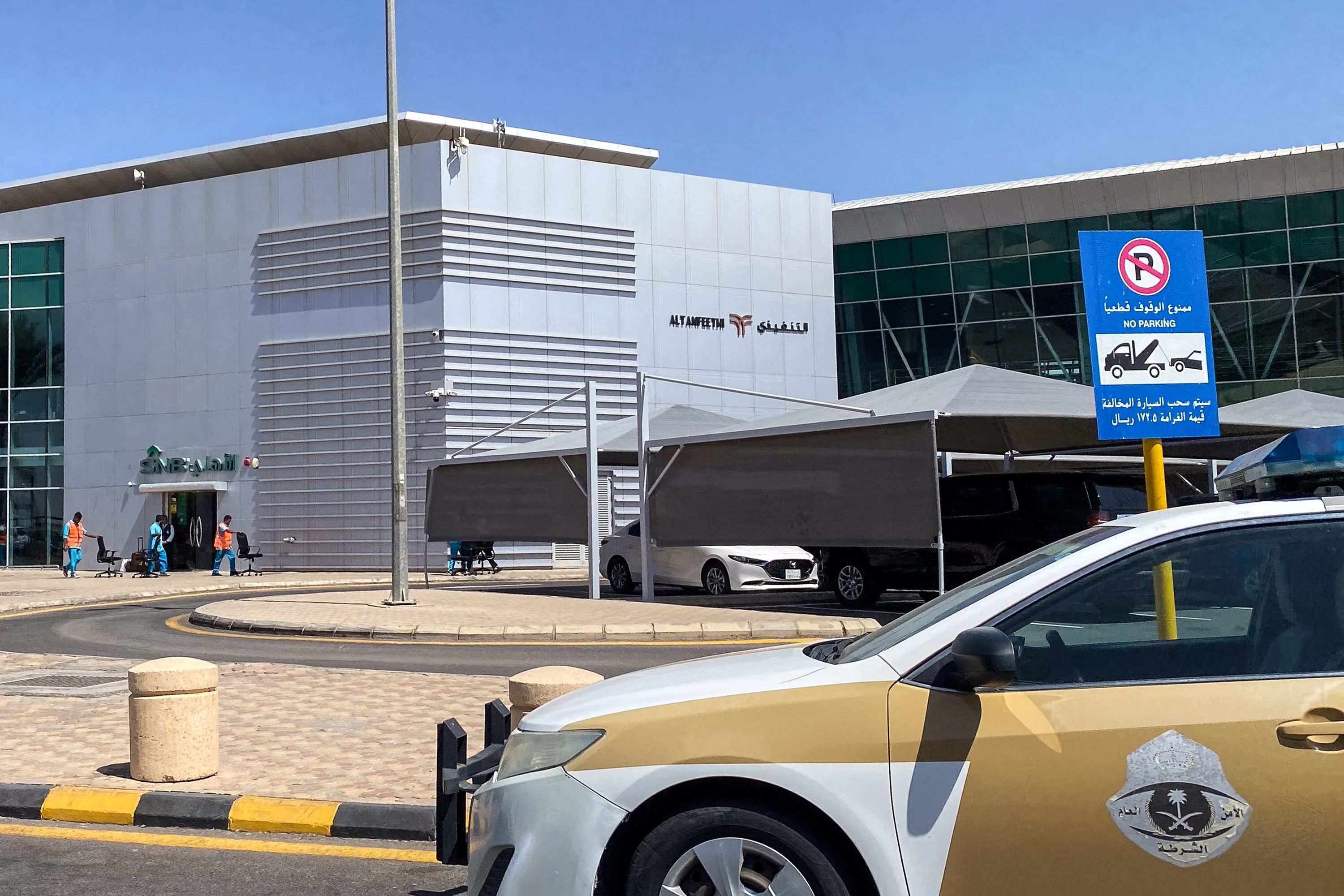 A security services vehicle is parked outside Prince Sultan bin Abdulaziz Airport in Tabuk on September 30, 2026. A flydubai plane bound for Tel Aviv was forced to land in Saudi Arabia on September 30 after an "incident", the airline said, with Israeli media reporting an altercation between the pilots. Flight FZ 1073 from Dubai to Tel Aviv "experienced an incident while en route. The aircraft has landed safely in Tabuk Airport (TUU) and all passengers are safe and accounted for," the spokesperson for the low-cost carrier said in a statement. (Photo by AFP via Getty Images)