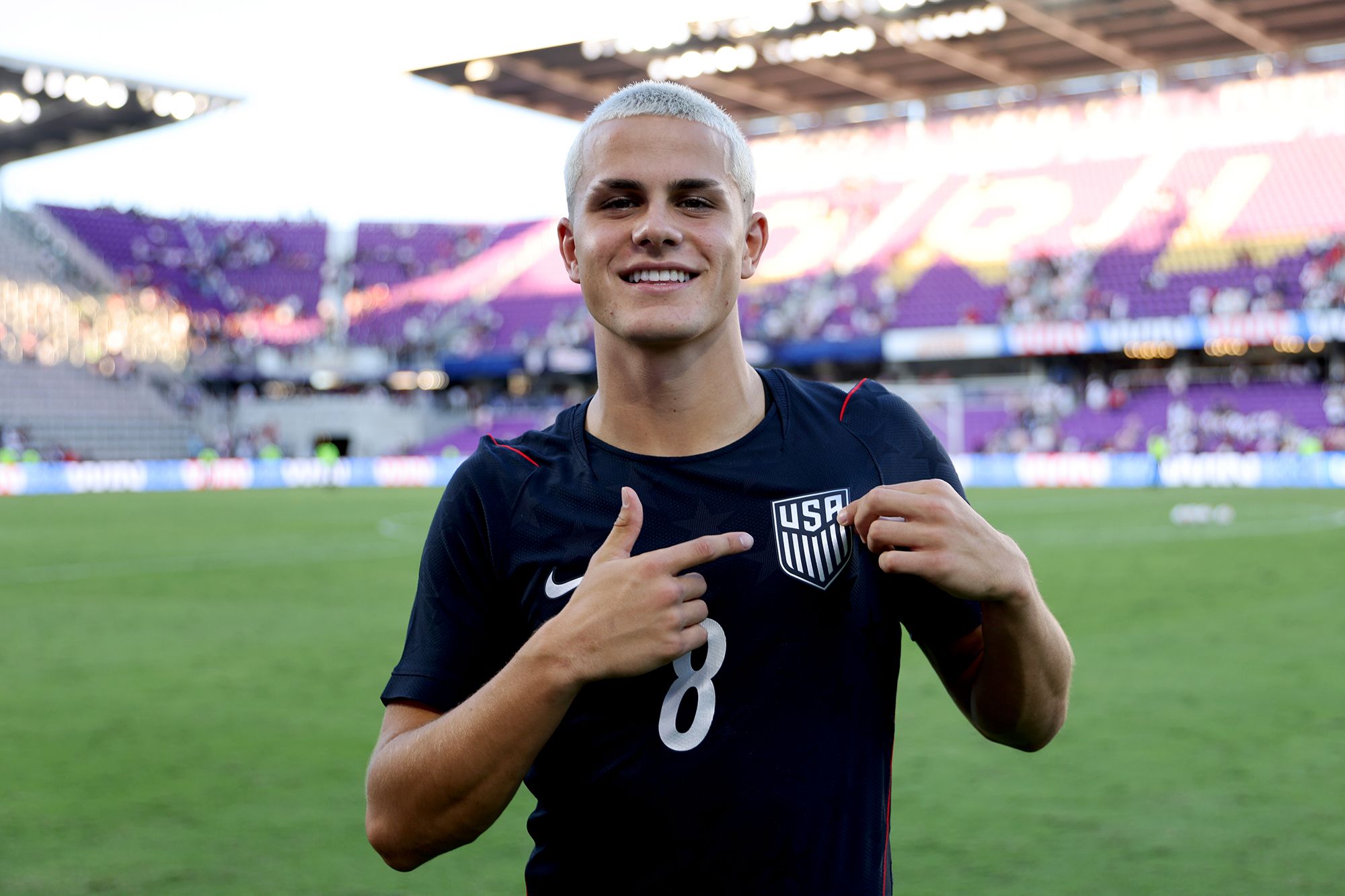 ORLANDO, FLORIDA - SEPTEMBER 26: Cavan Sullivan #8 of United States celebrates following the team's victory in the International Friendly match between United States and Peru at Inter.co Stadium on September 26, 2026 in Orlando, Florida. (Photo by Alex Menendez/USSF/Getty Images)