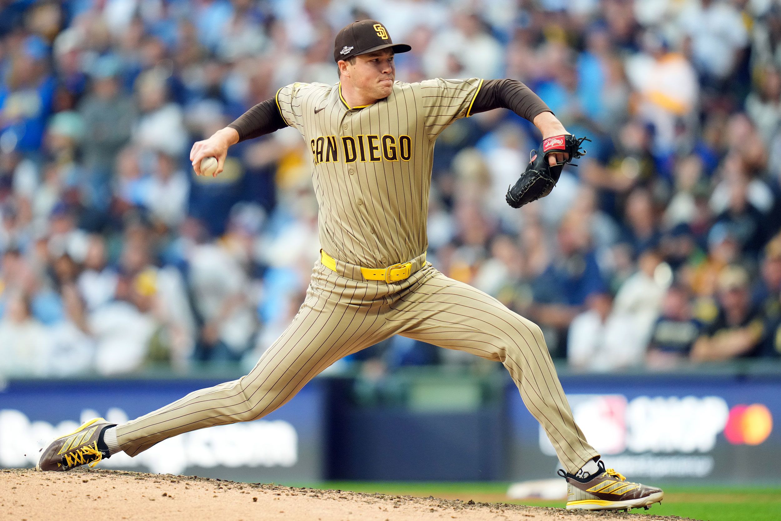 San Diego Padres closer Mason Miller delivers a pitch against Milwaukee during Game 2 of the National League Division Series on Sunday.