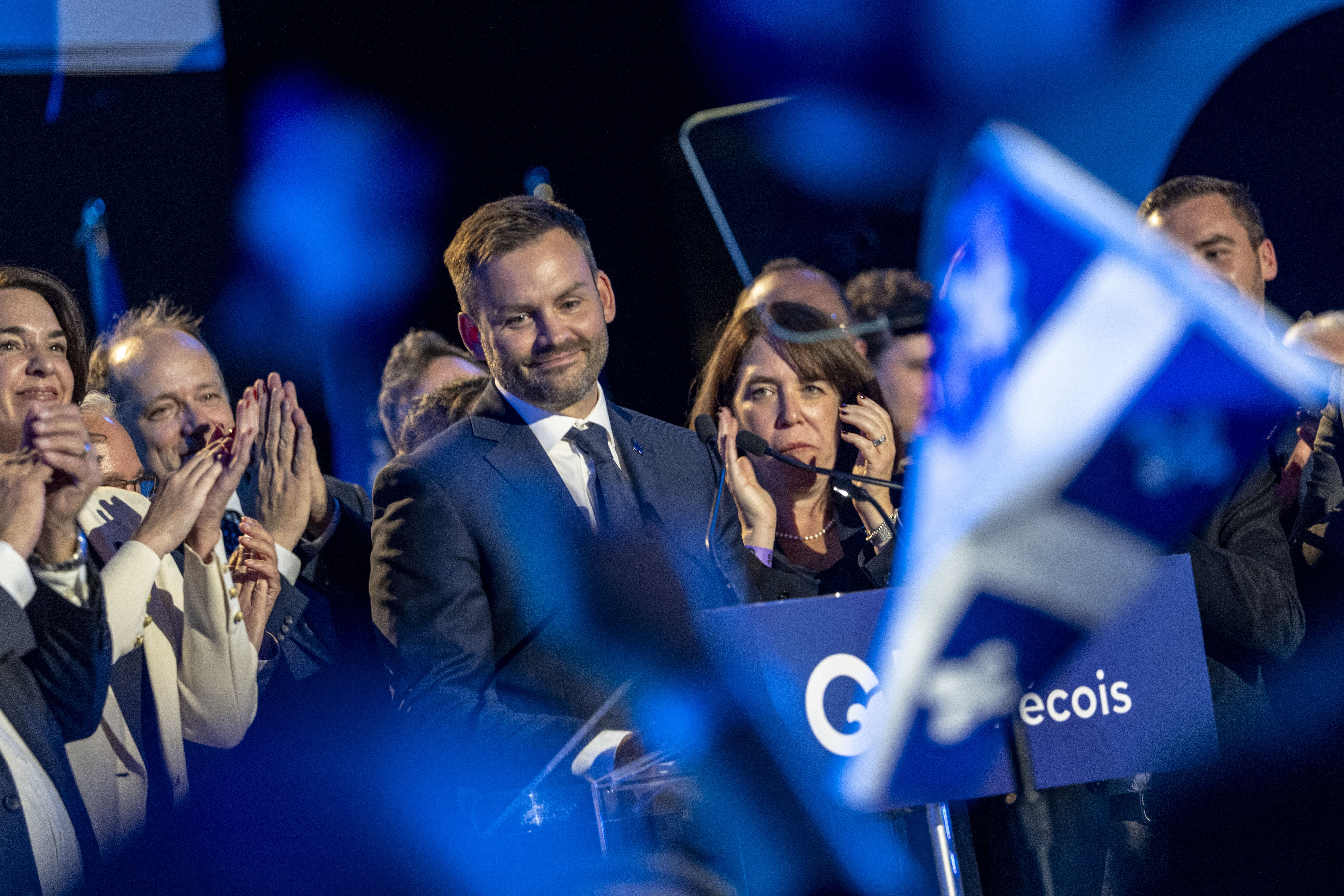 Leader of the Parti Quebecois (PQ) Paul St-Pierre Plamondon makes a speech after winning his election to become the next premier of Quebec, in Montreal, Quebec, Canada, on October 5, 2026.