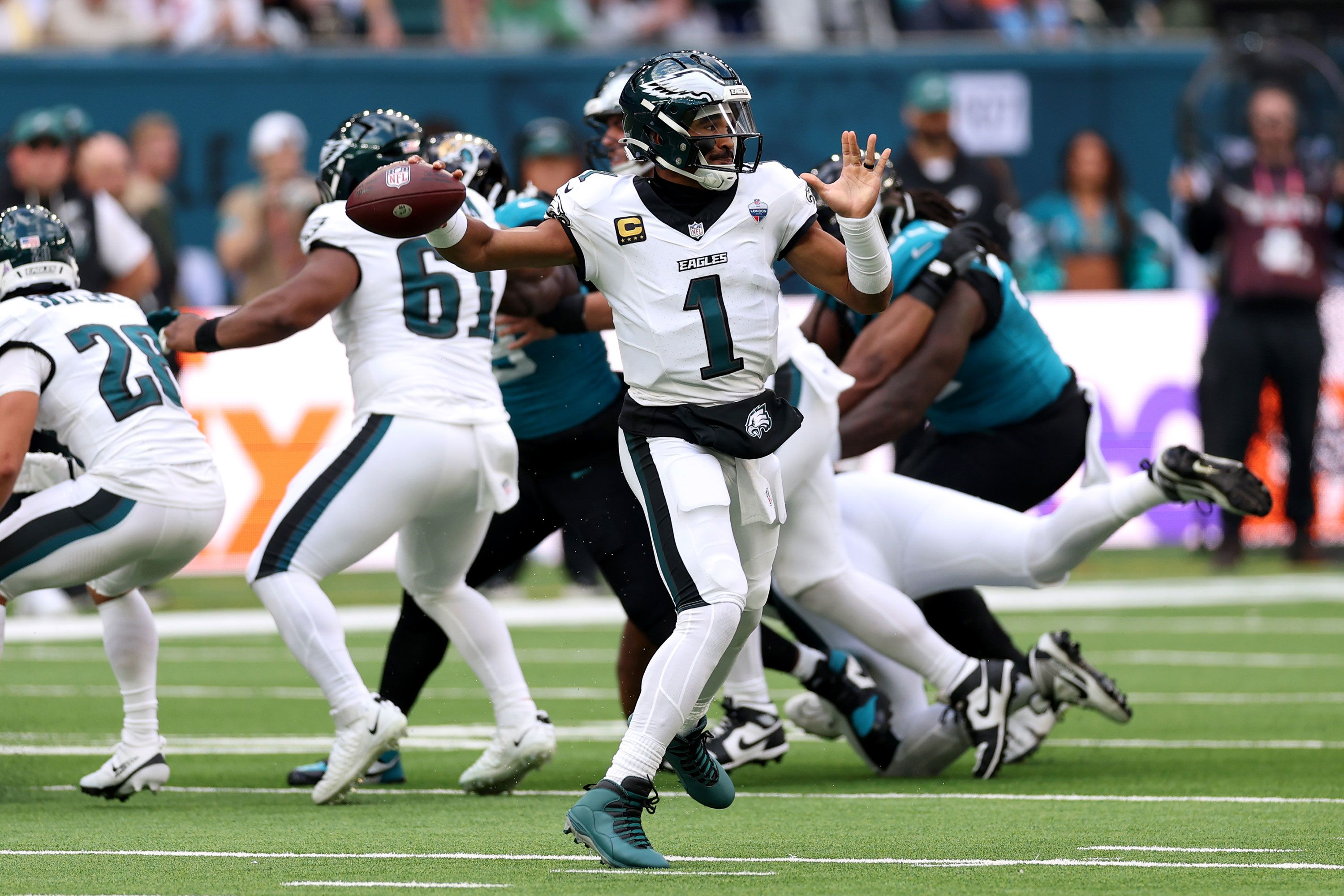 Hurts prepares to throw a pass during the 2026 NFL London Games between Philadelphia Eagles and Jacksonville Jaguars at Tottenham Hotspur Stadium on October 11, 2026, in London, England.