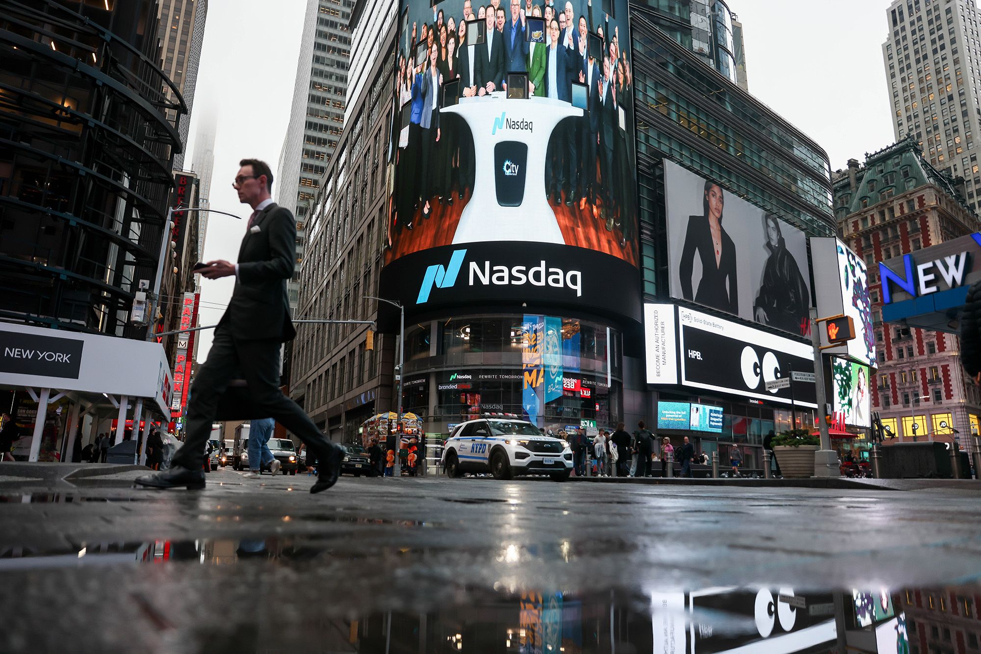 Signage at the Nasdaq MarketSite in New York City on October 16, 2026.