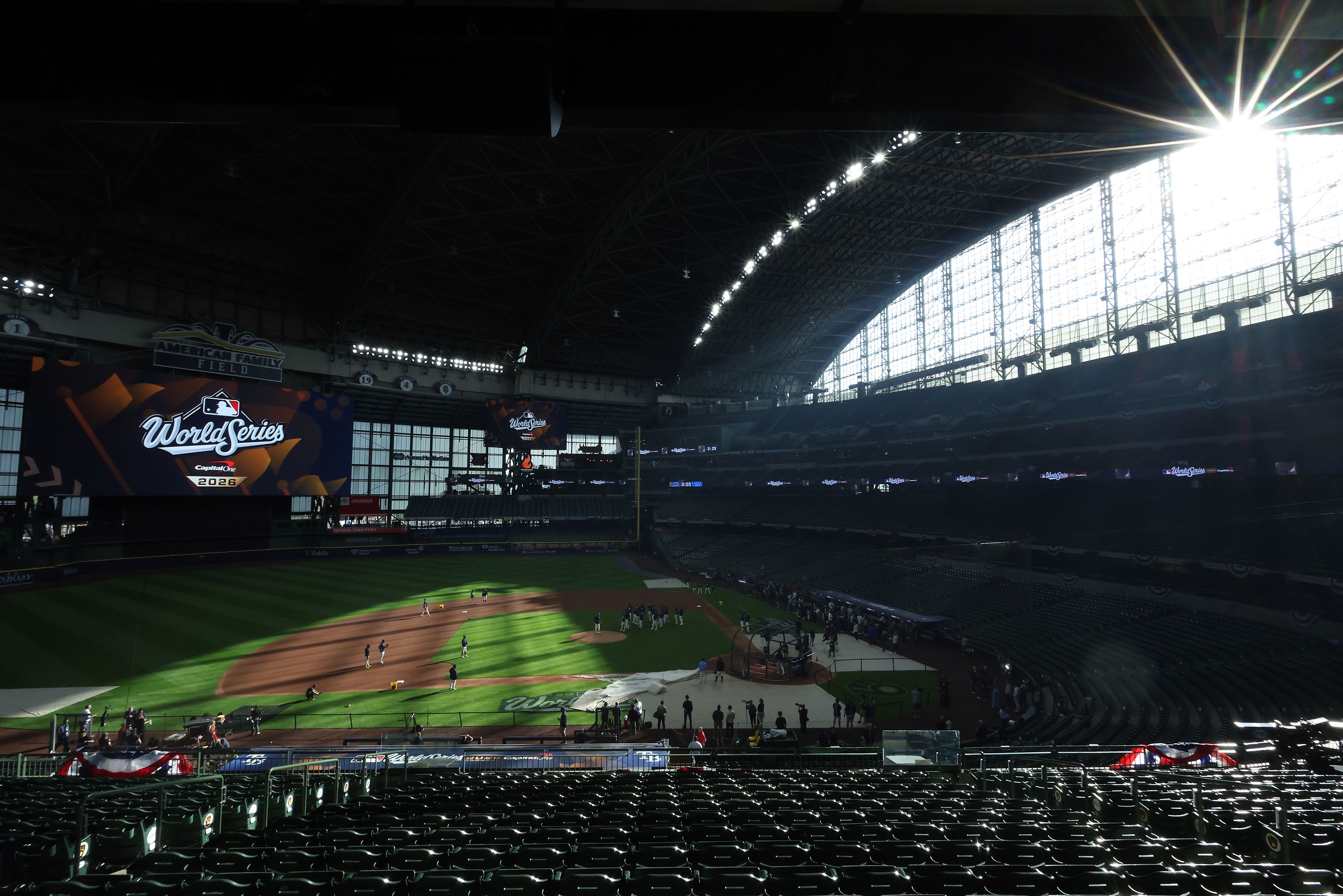 MILWAUKEE, WISCONSIN - OCTOBER 22: Players participate in workouts ahead of the World Series between the Tampa Bay Rays and the Milwaukee Brewers at American Family Field on October 22, 2026 in Milwaukee, Wisconsin.  (Photo by Jamie Squire/Getty Images)