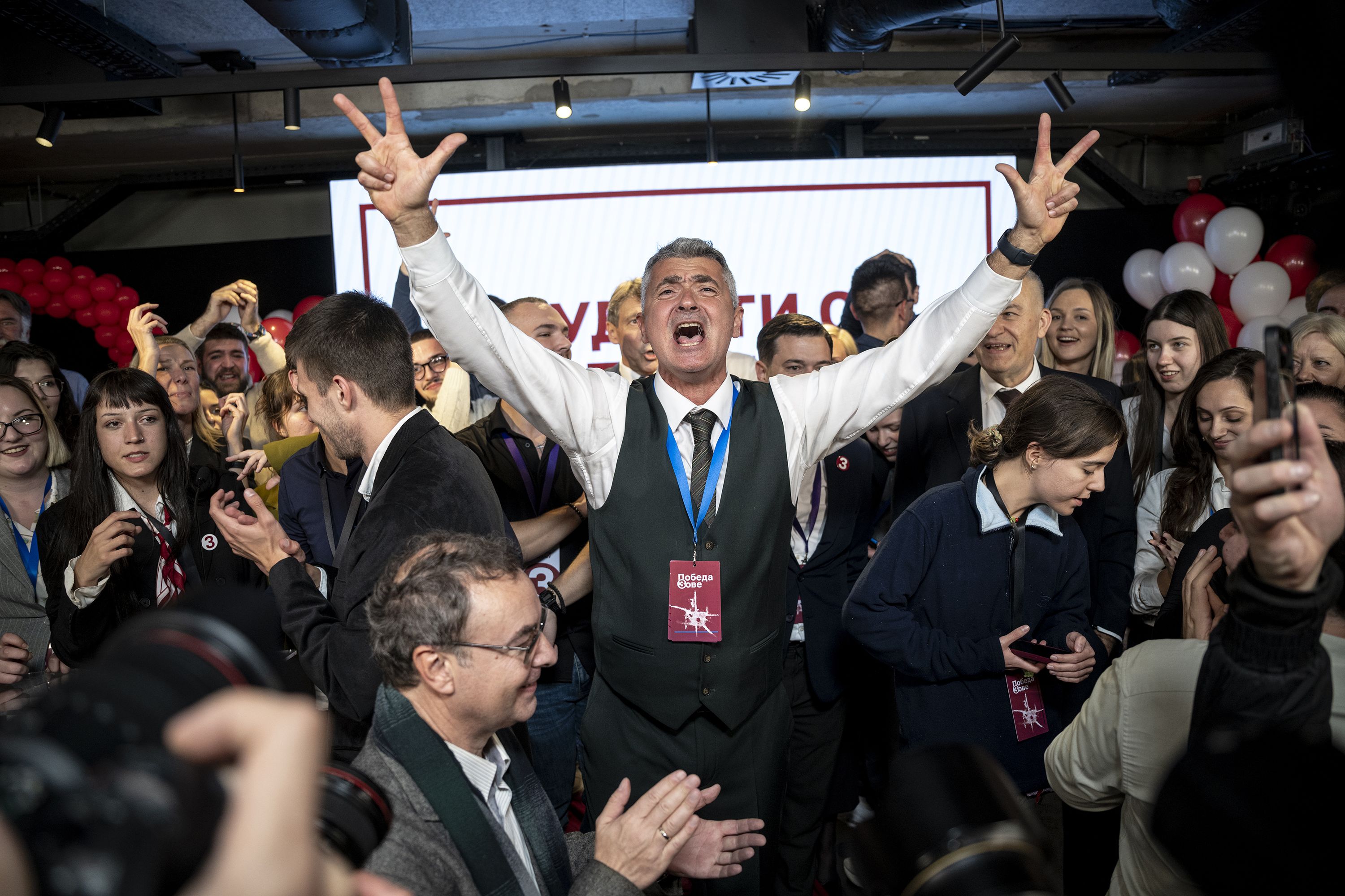 Ilija Srdanovic, the first person on the Student's List, celebrates at the Student's List headquarters after Aleksandar Vucic, former president of Serbia, conceded the elections, in Belgrade, Serbia, on October 25.