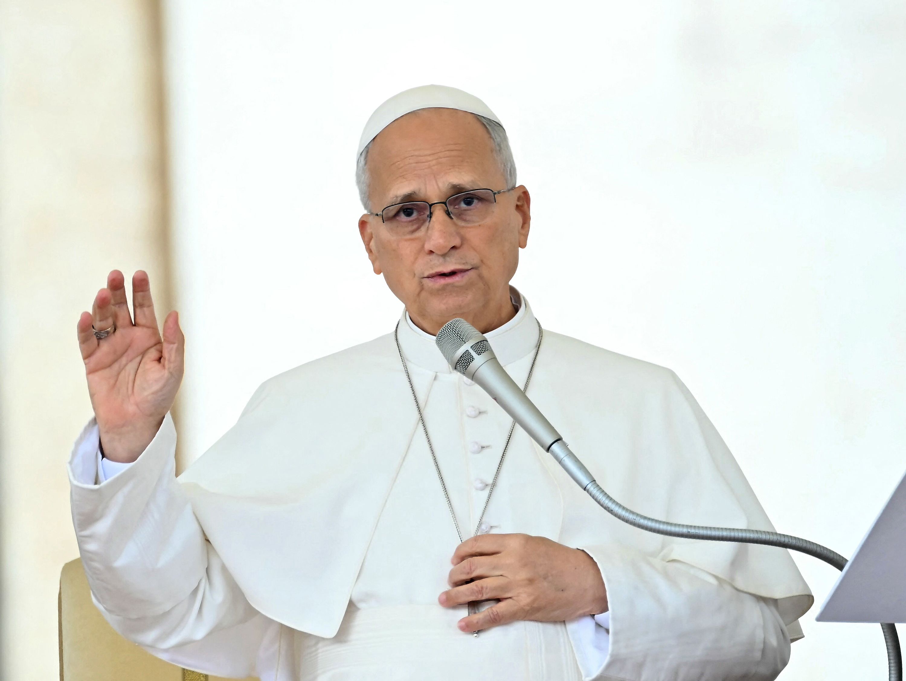 Pope Leo XIV delivers his blessing to pilgrims gathered in St. Peter's Square as he leads the weekly general audience at The Vatican on October 28, 2026. (Photo by Filippo MONTEFORTE / AFP via Getty Images)