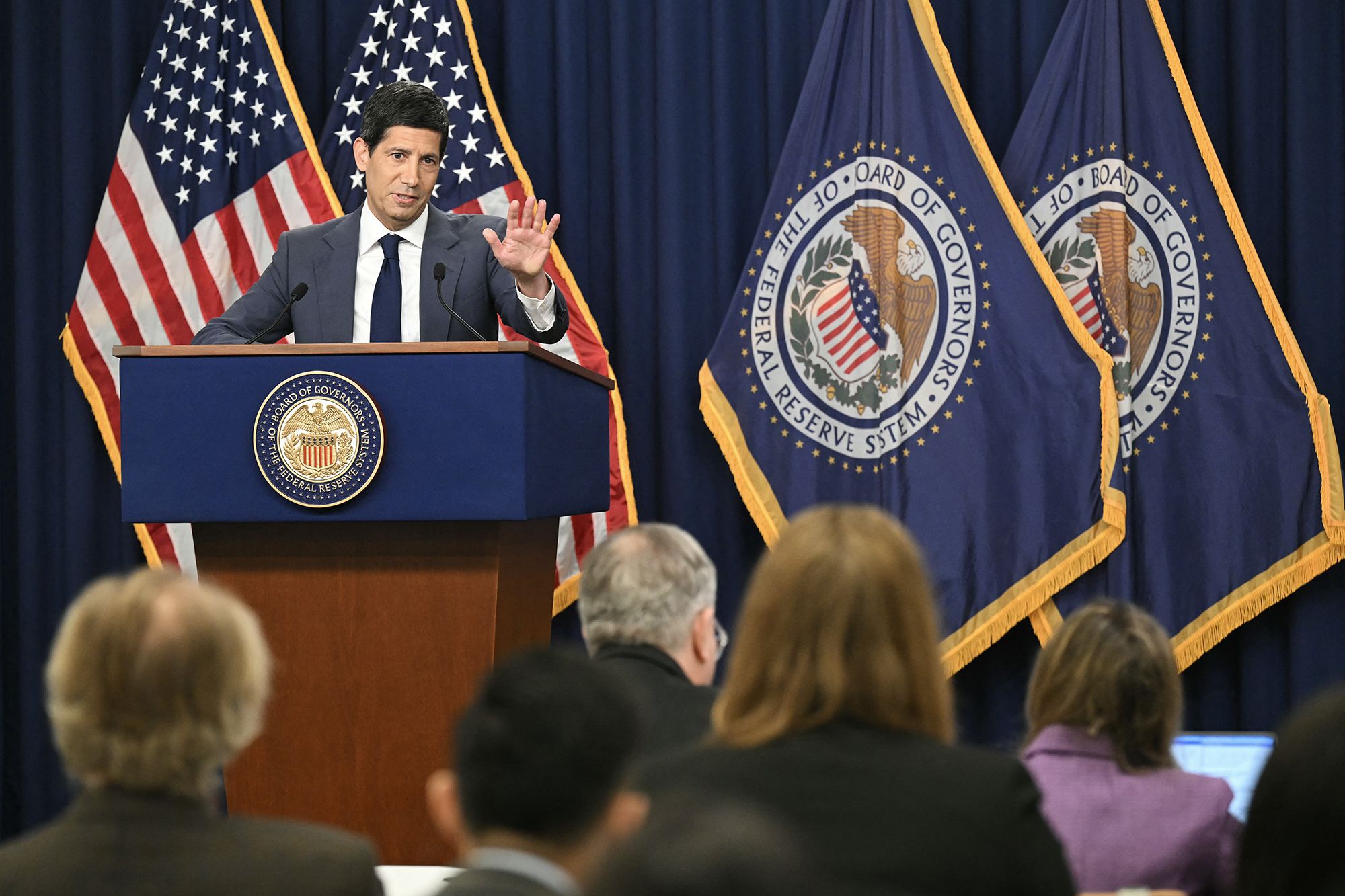 US Federal Reserve Chair Kevin Warsh speaks during a press conference following the Federal Open Market Committee's interest-rate decision in Washington, DC, on October 28, 2026. The US Federal Reserve on October 28 held interest rates steady, in line with market expectations, days ahead of crucial midterm elections where surging inflation has been a key issue. The 12-member Federal Open Market Committee voted 10-2 to hold rates at a target range between 3.75 percent and 4.00 percent, citing the need for more data in the fight against price increases. Policymakers raised rates for the first time in three years at their previous meeting in September.