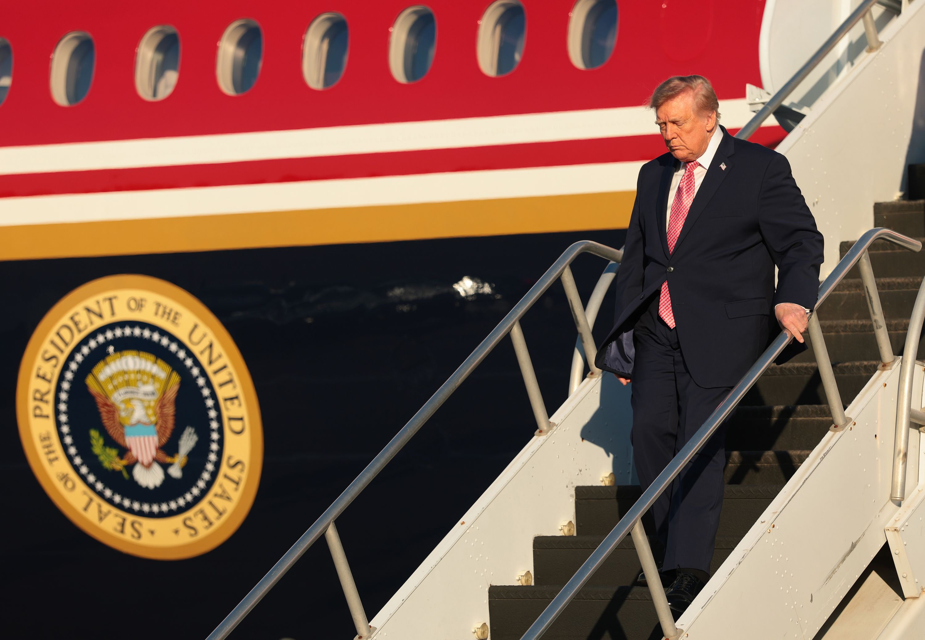 President Donald Trump steps off Air Force One at McConnell Air Force Base on October 19, 2026 in Wichita, Kansas.