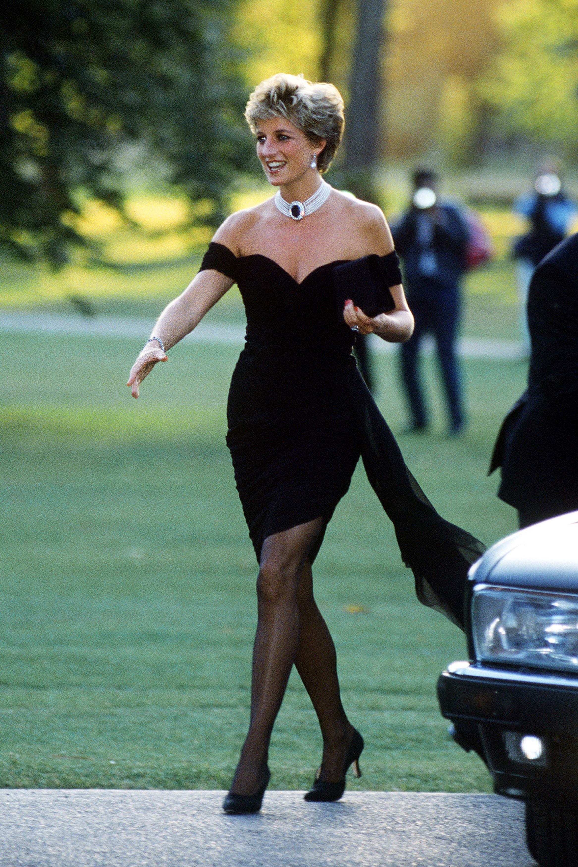 Princess Diana pictured in June 1994 arriving at the Serpentine Gallery, London, in the gown later dubbed "the revenge dress."