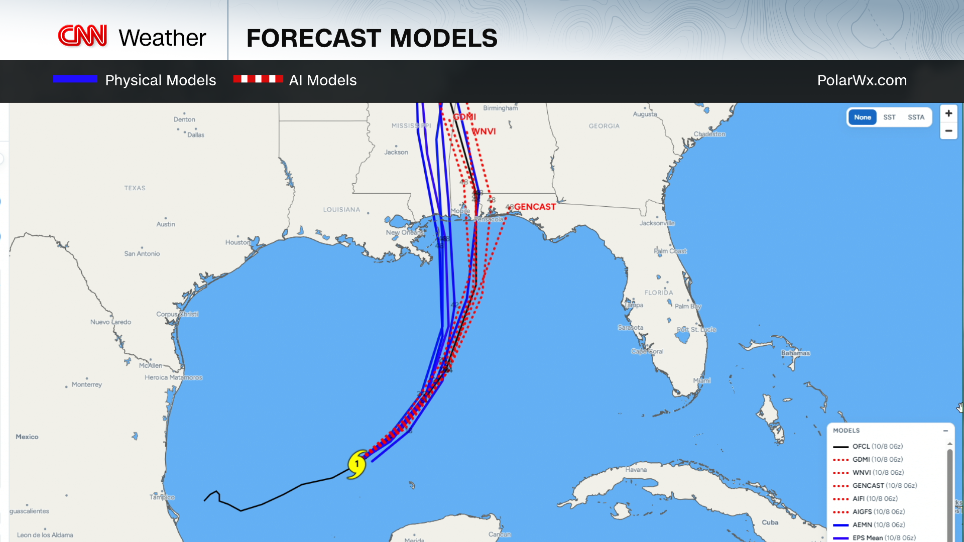 Physics-based weather models and AI weather models differ in their predictions of Isaias' track.