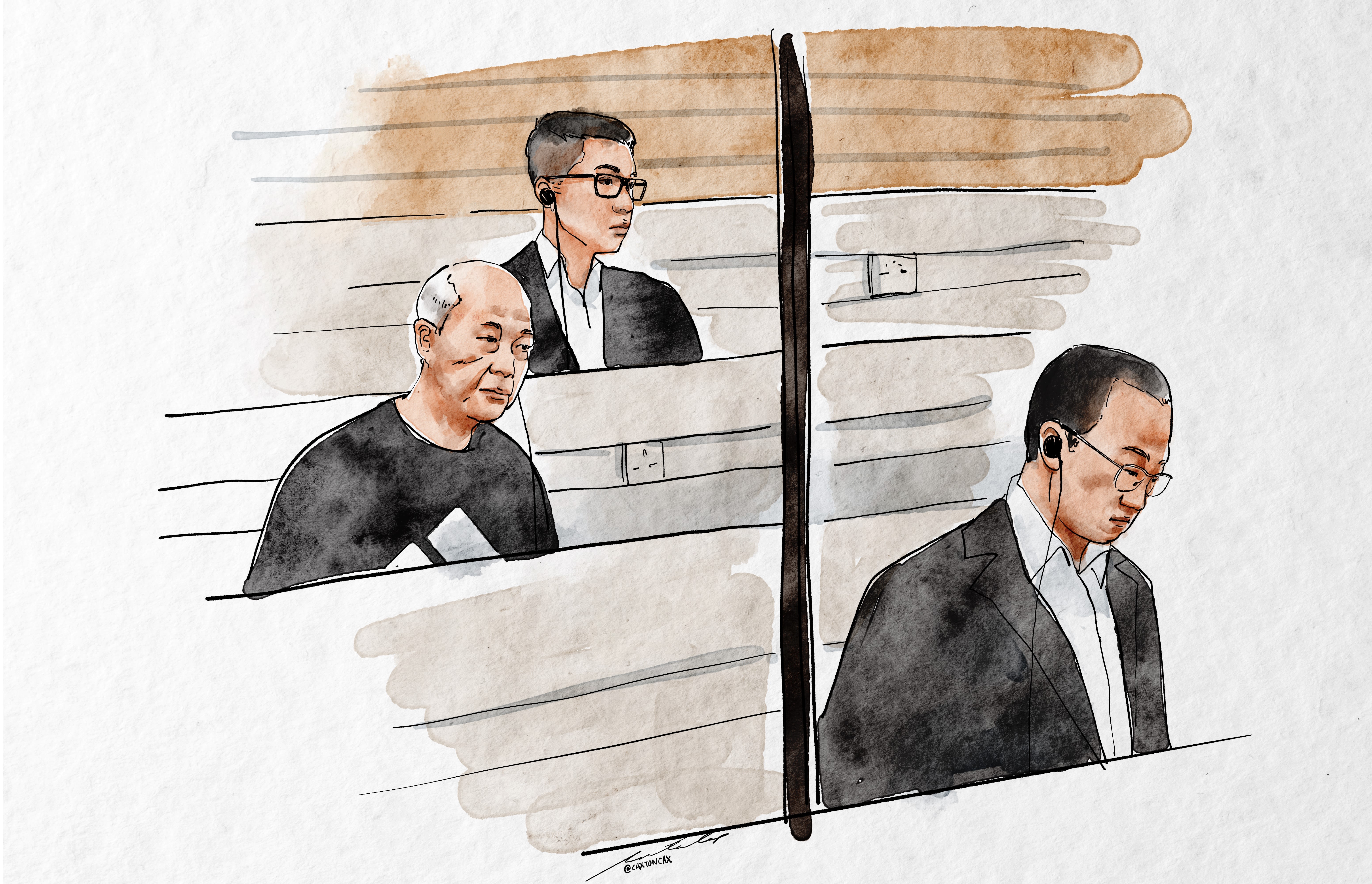 (From back row) Abby Choi's ex-husband Alex Kwong, his father Kwong Kau, and older brother Anthony Kwong stand trial of murdering the Hong Kong socialite at the city's High Court.