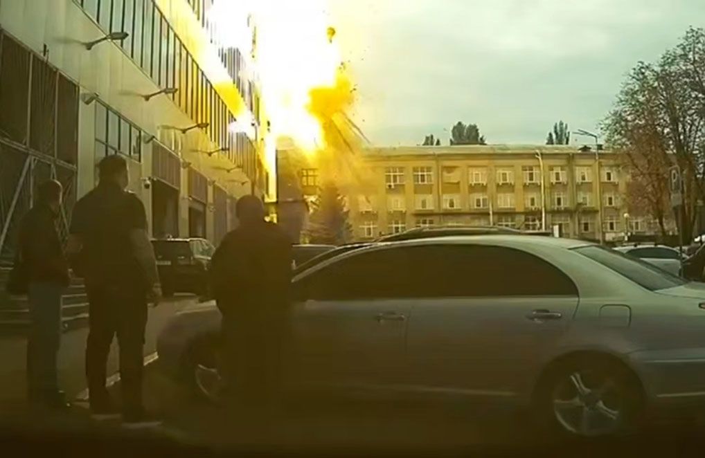 In this still taken from video posted to the social media platform Telegram, a Russian drone strikes Masha Yivzhenko's workplace in Kyiv on September 25.