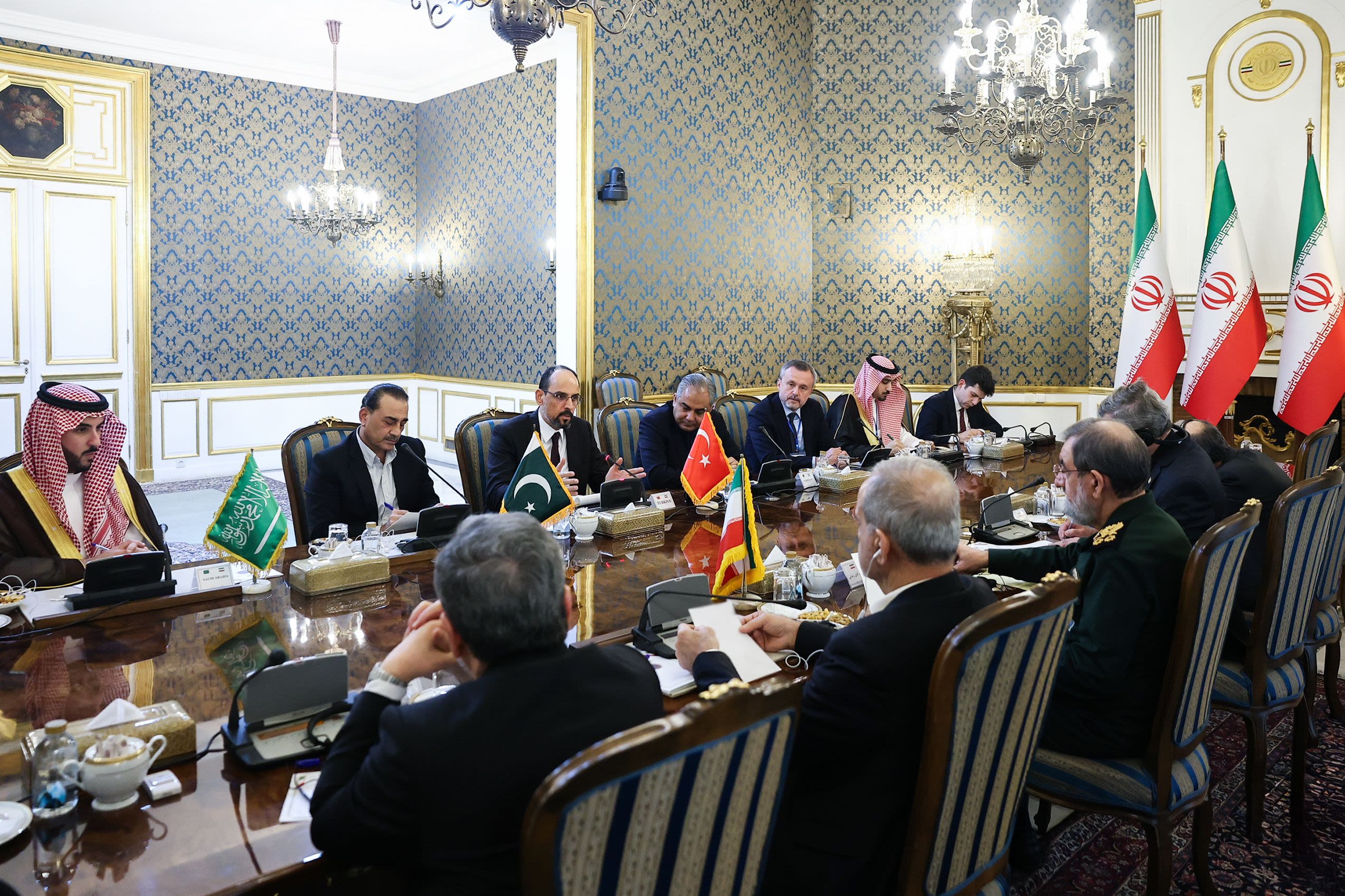 From left, Saudi Arabia's Defense Minister Prince Khalid bin Salman, Pakistan's Army Chief Asim Munir and Turkish Intelligence Chief Ibrahim Kalin attend talks hosted by the Iranian President Masoud Pezeshkian between delegations from Iran, Saudi Arabia, Pakistan and Turkey during a meeting of the Mecca Pact countries in Tehran, Iran, on October 26.