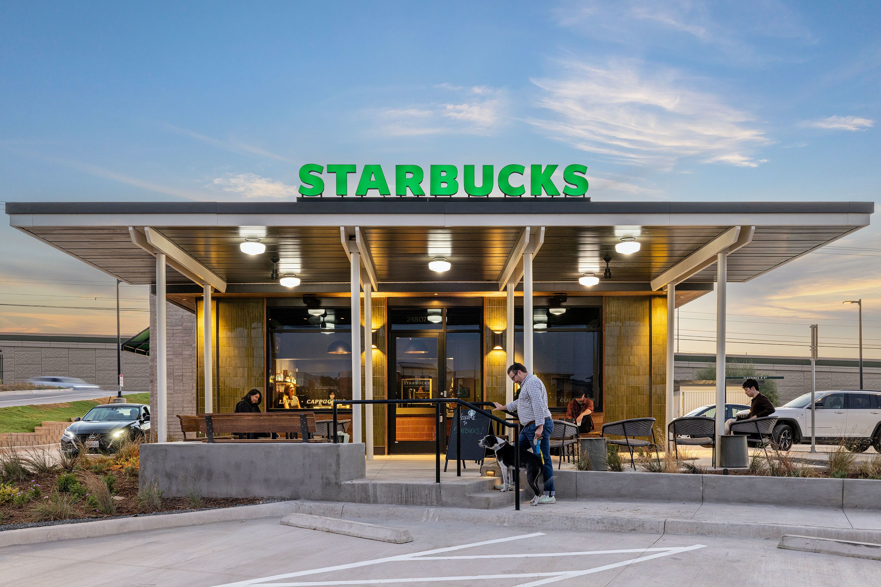 An exterior of a redesigned Starbucks near San Antonio.