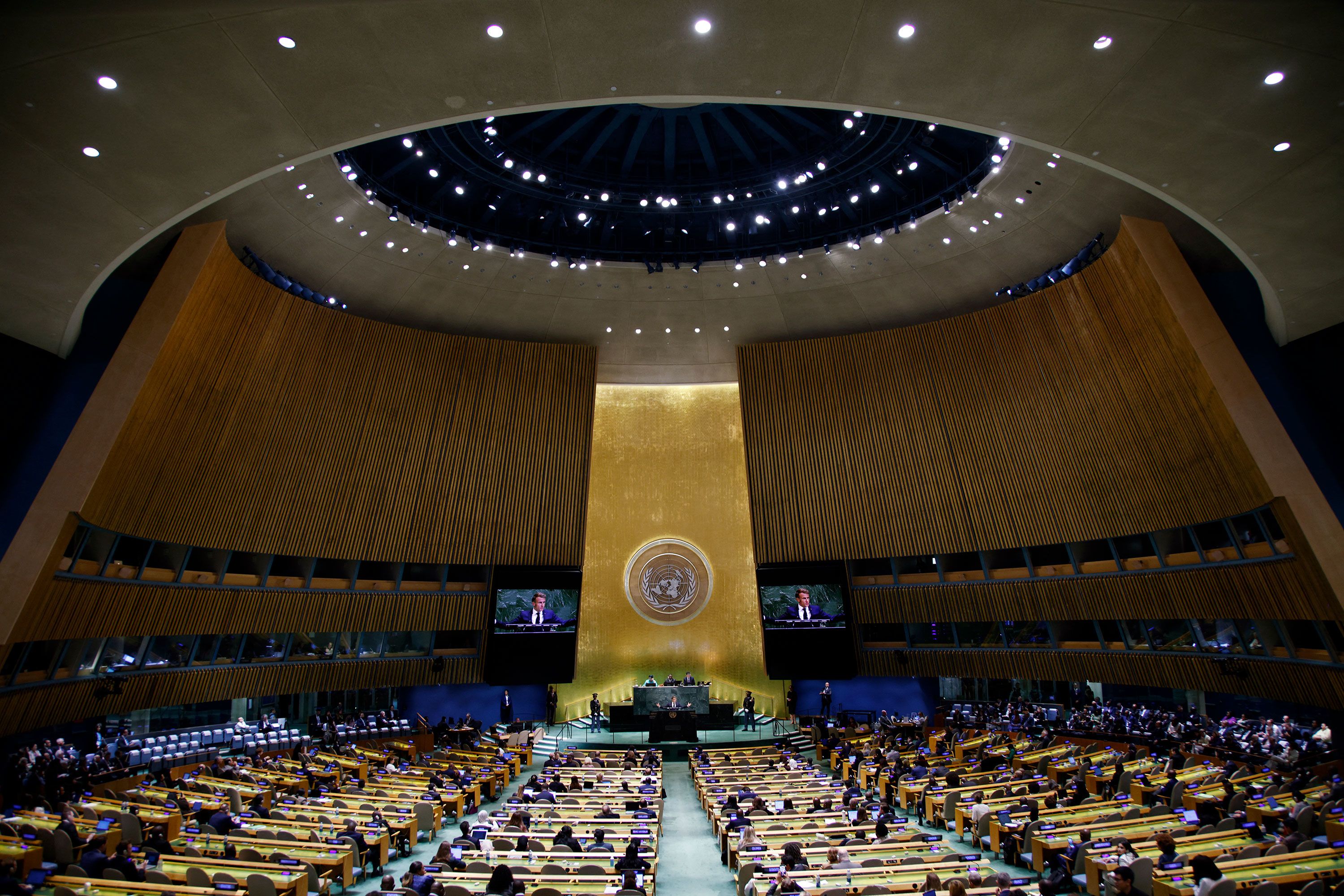 French President Emmanuel Macron speaks during the General Debate of the United Nations General Assembly at the UN headquarters in New York City on September 23, 2025.